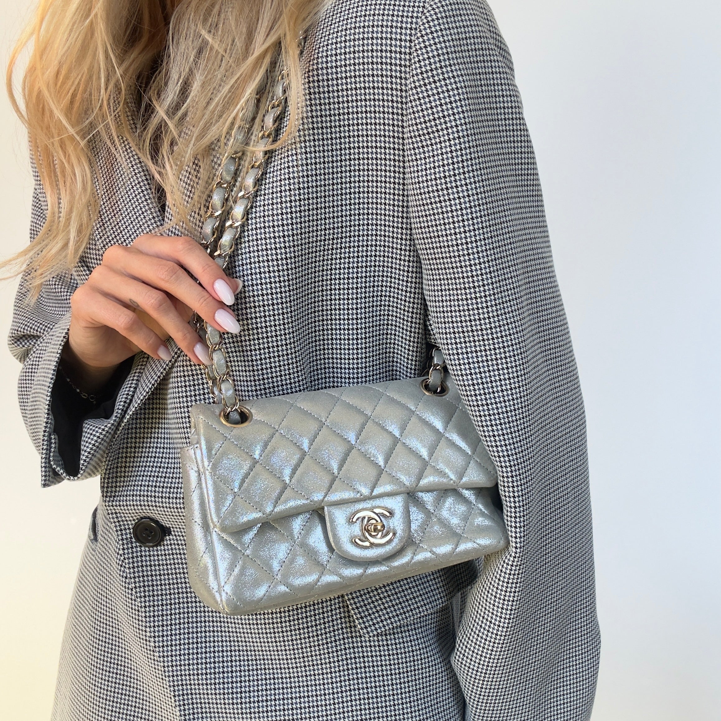 Chanel Iridescent Calfskin Quilted Mini Rectangular Flap Silver - Replica Handbags