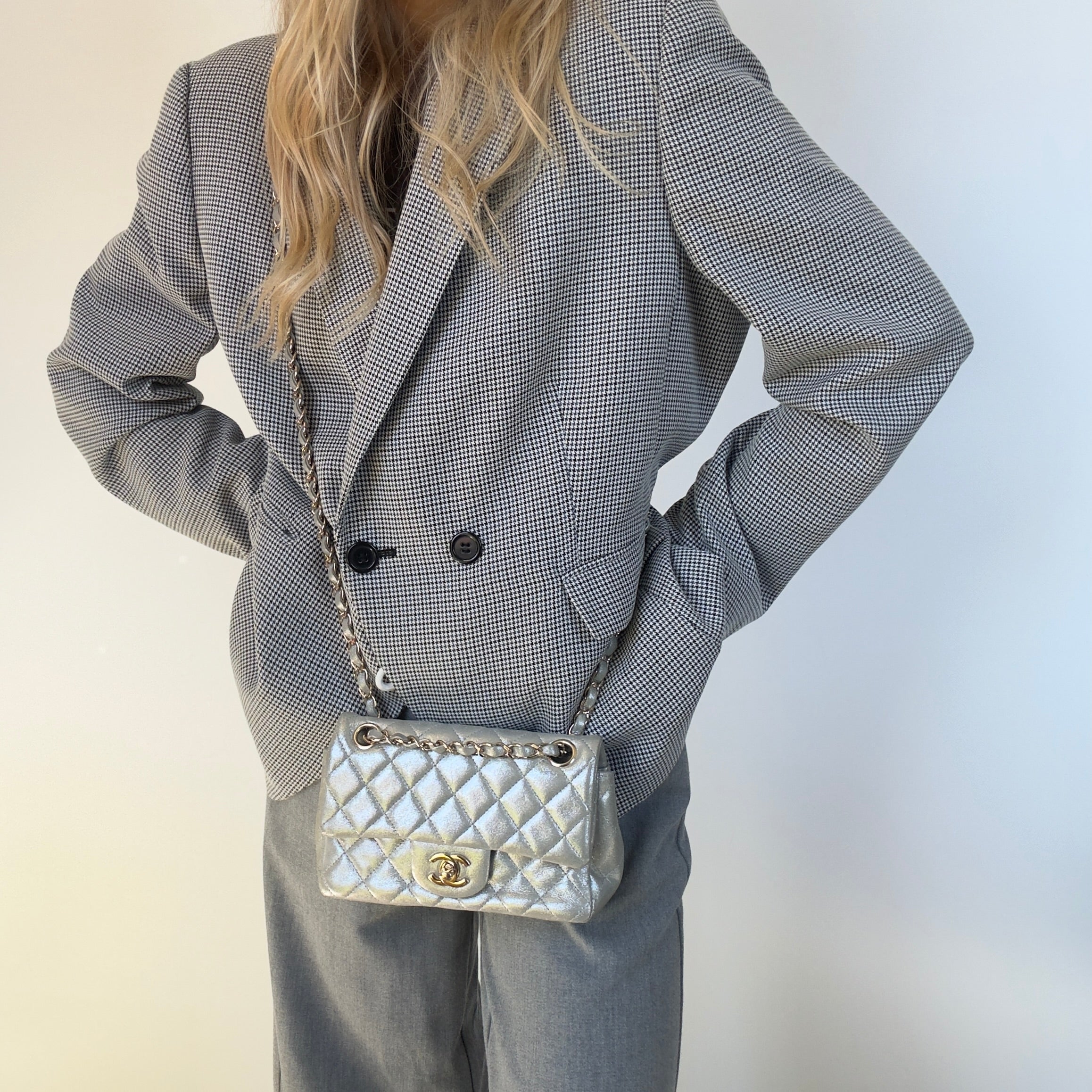 Chanel Iridescent Calfskin Quilted Mini Rectangular Flap Silver -  Replica Handbags 