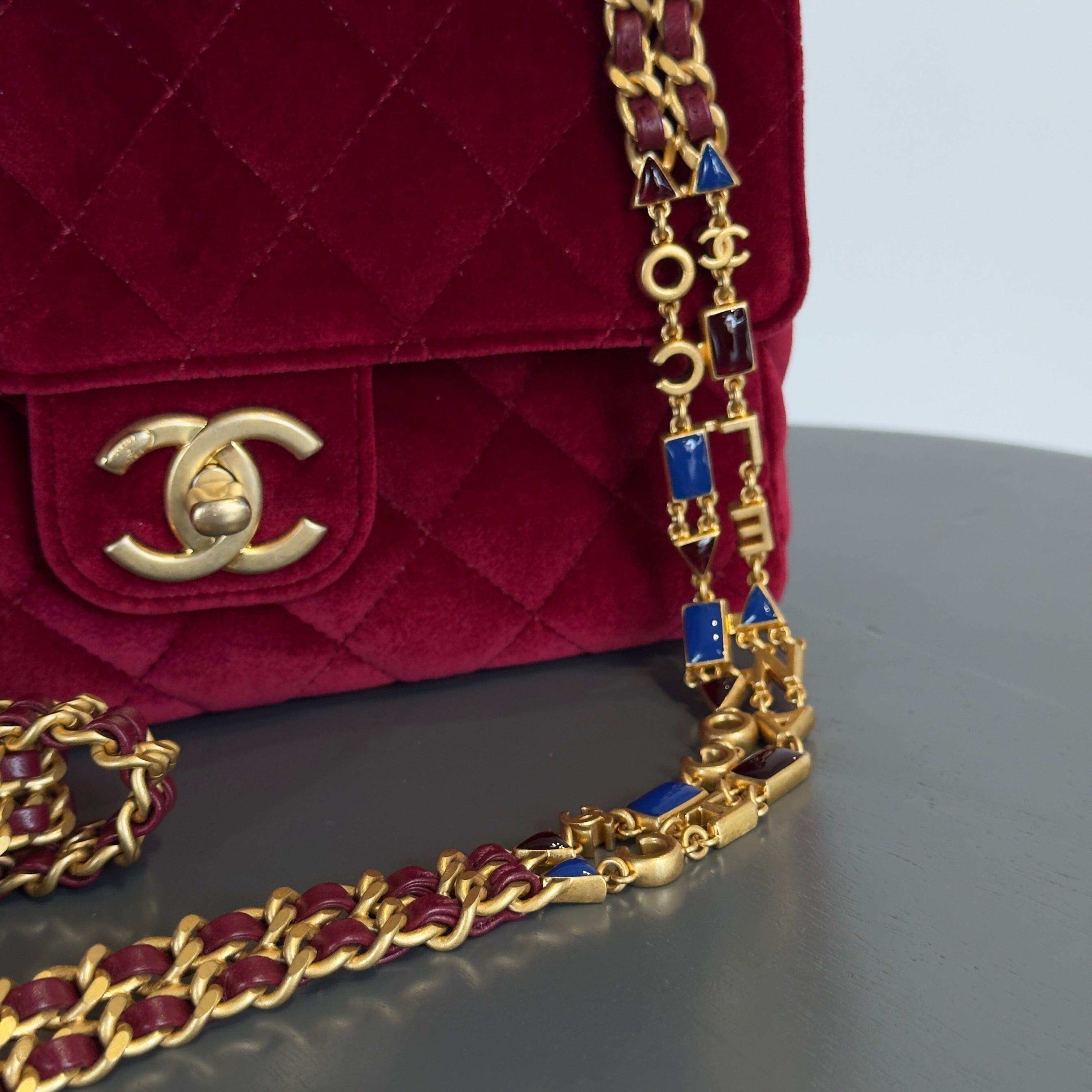 Chanel Burgundy Velvet Enamel Mini Flap Bag - Replica Handbags
