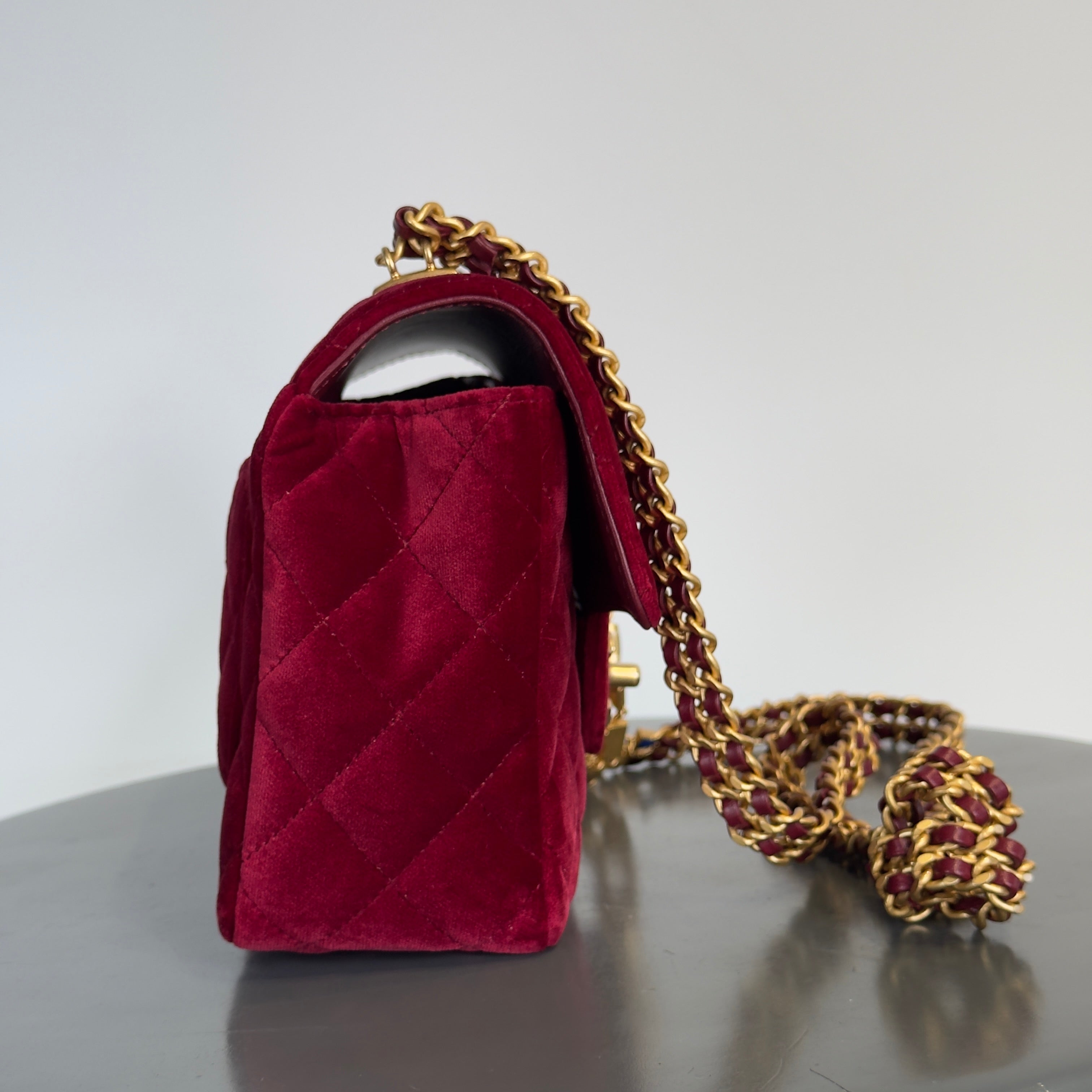 Chanel Burgundy Velvet Enamel Mini Flap Bag - Replica Handbags
