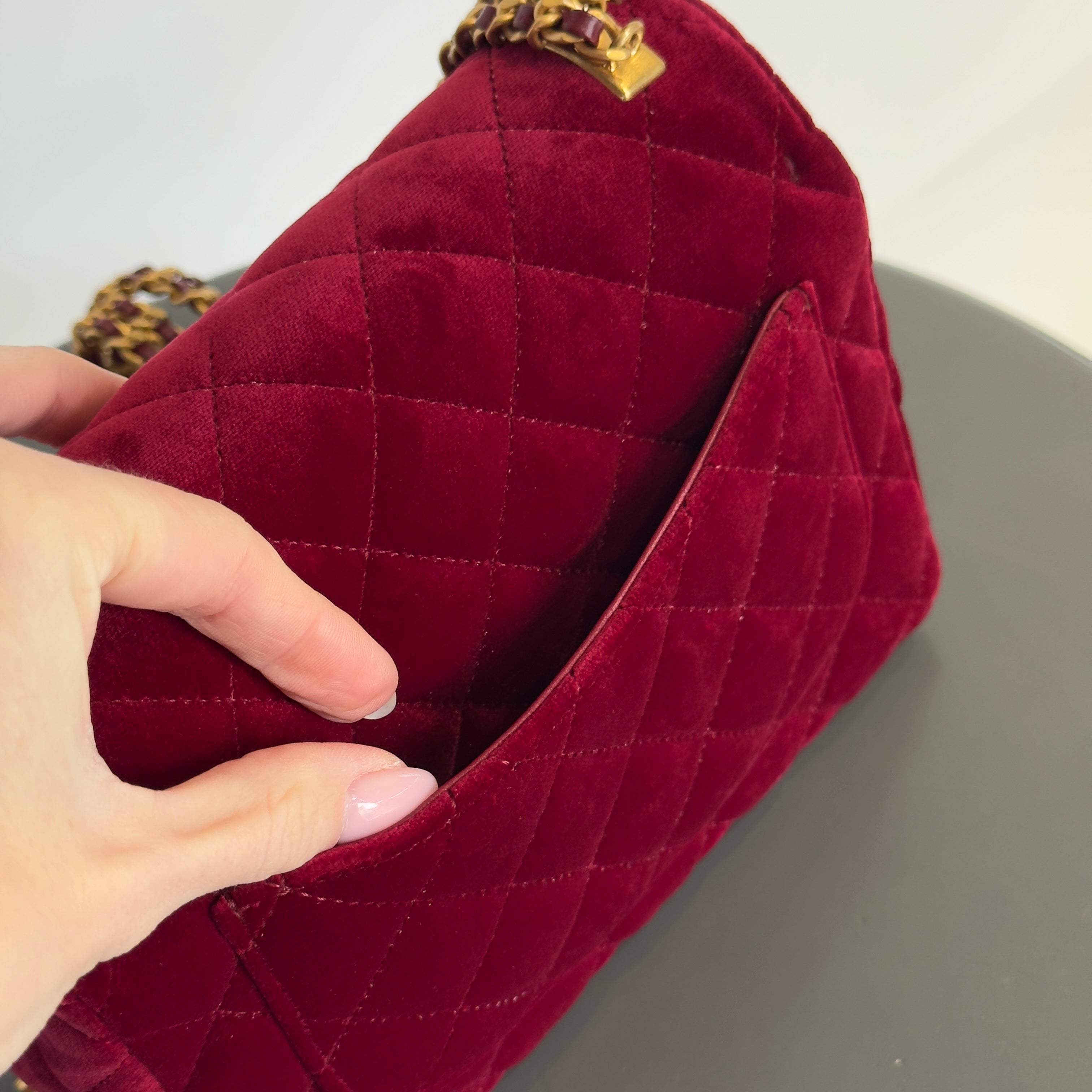 Chanel Burgundy Velvet Enamel Mini Flap Bag -  Replica Handbags 