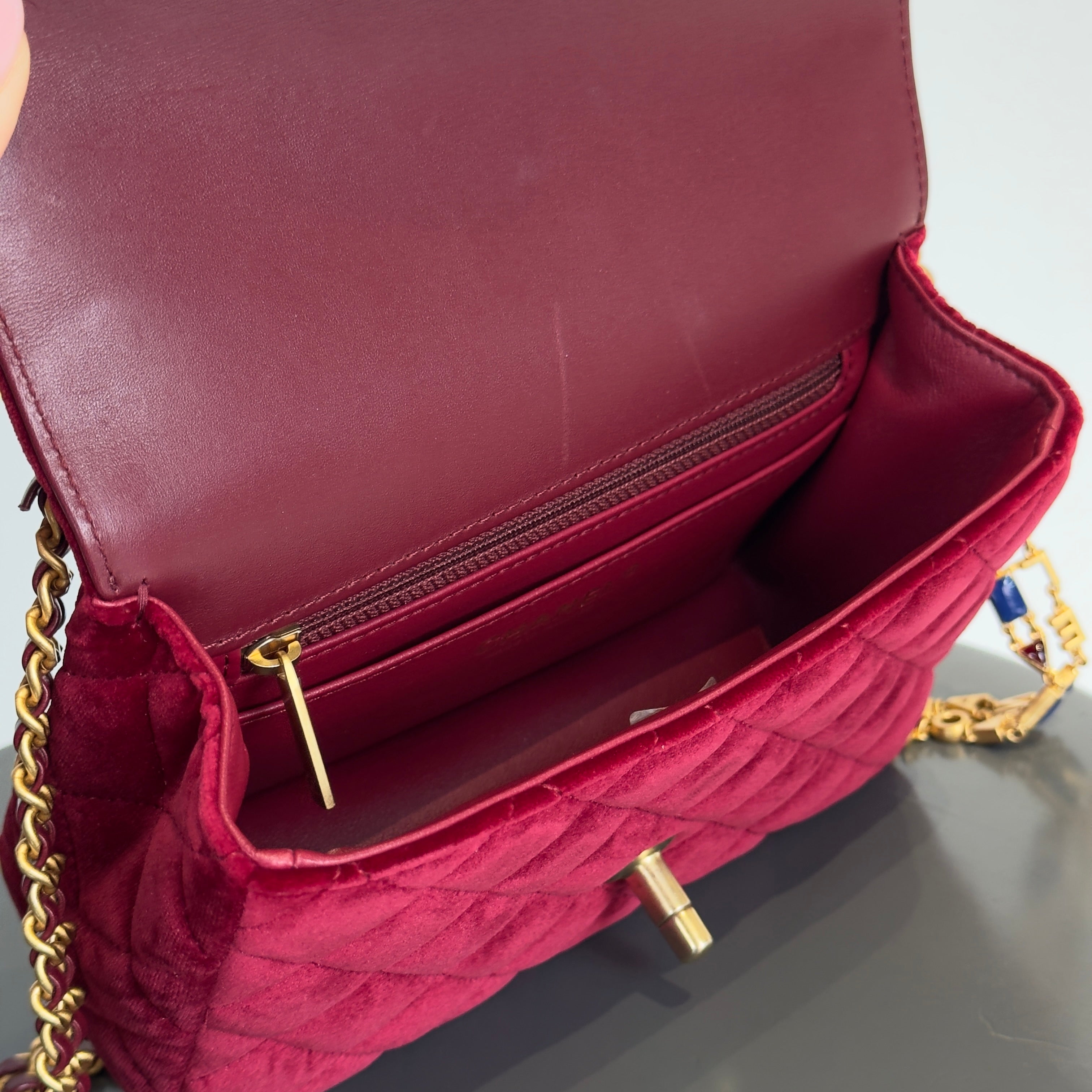 Chanel Burgundy Velvet Enamel Mini Flap Bag -  Replica Handbags 