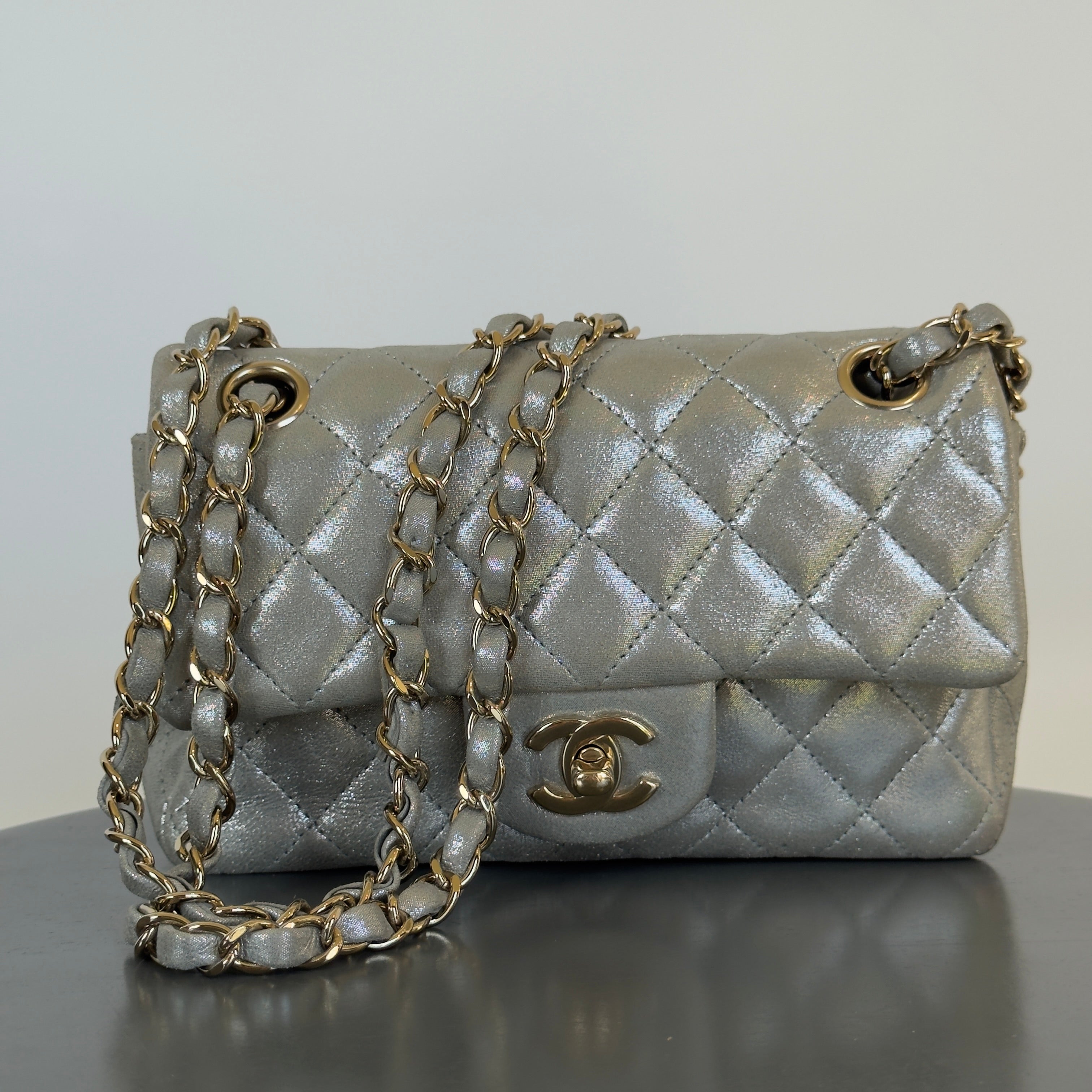 Chanel Iridescent Calfskin Quilted Mini Rectangular Flap Silver -  Replica Handbags 