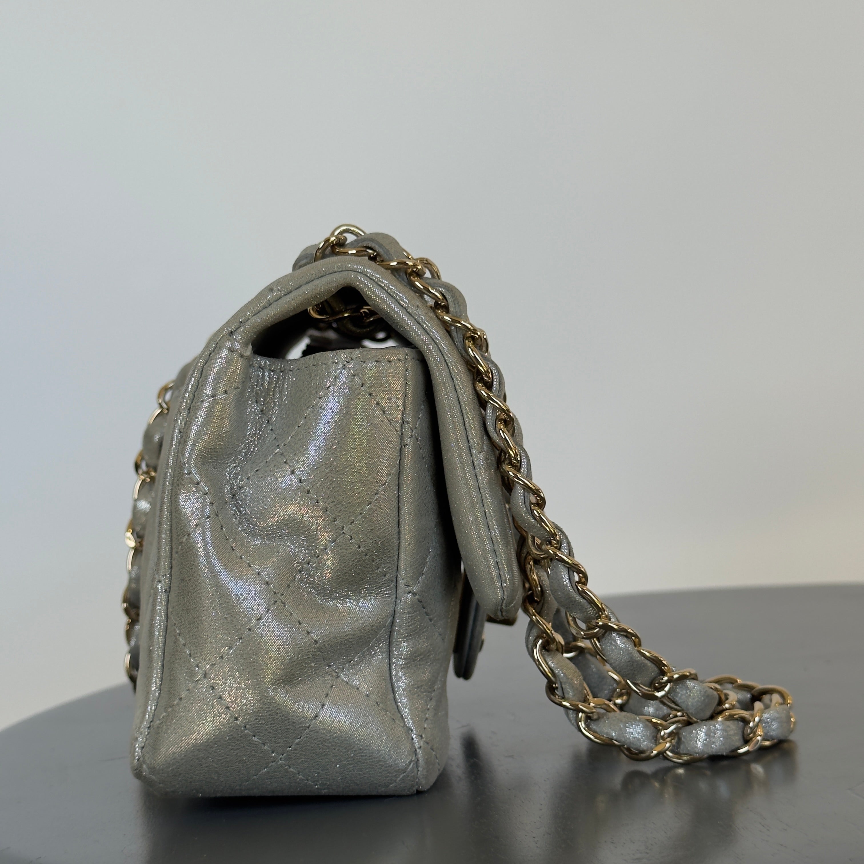 Chanel Iridescent Calfskin Quilted Mini Rectangular Flap Silver -  Replica Handbags 