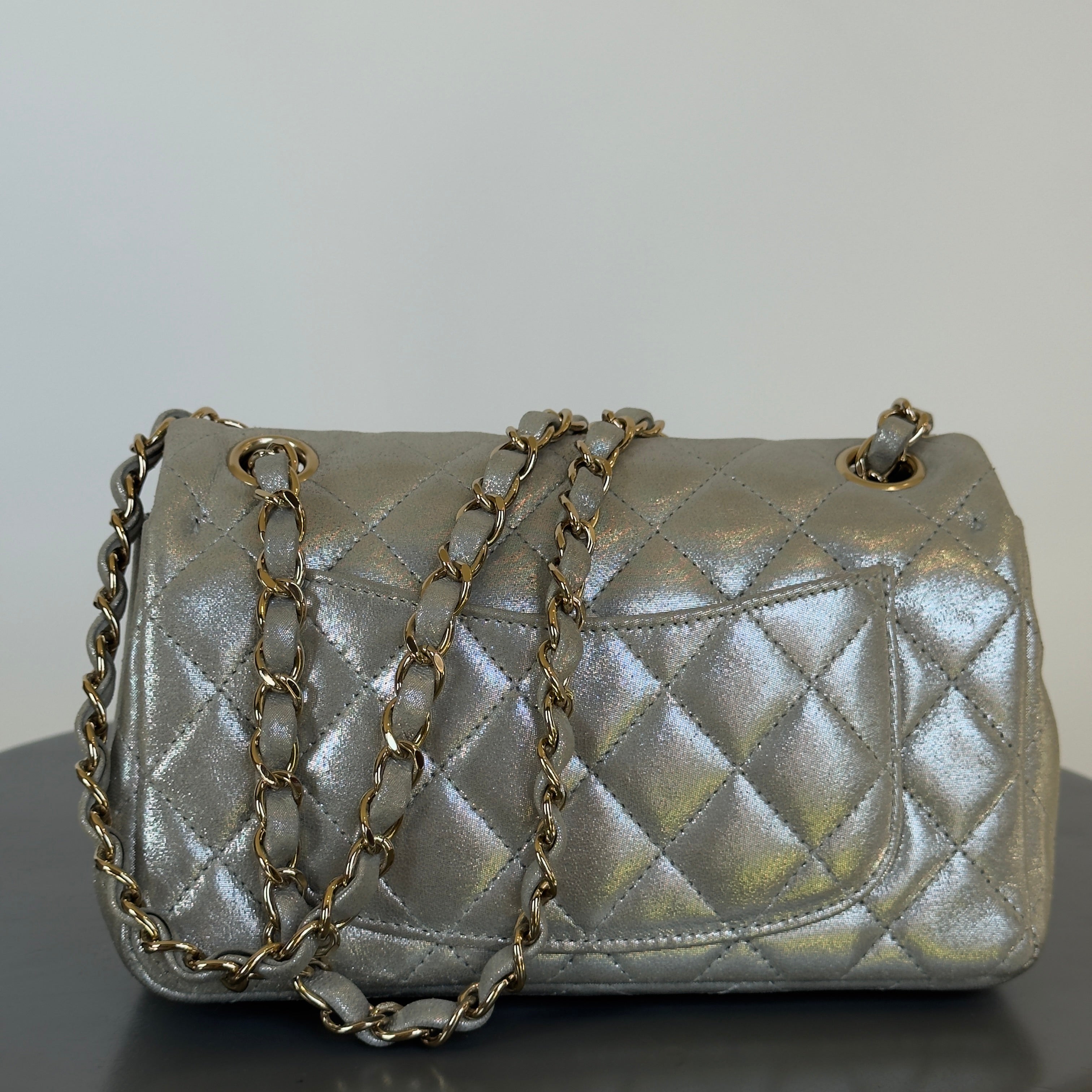 Chanel Iridescent Calfskin Quilted Mini Rectangular Flap Silver - Replica Handbags