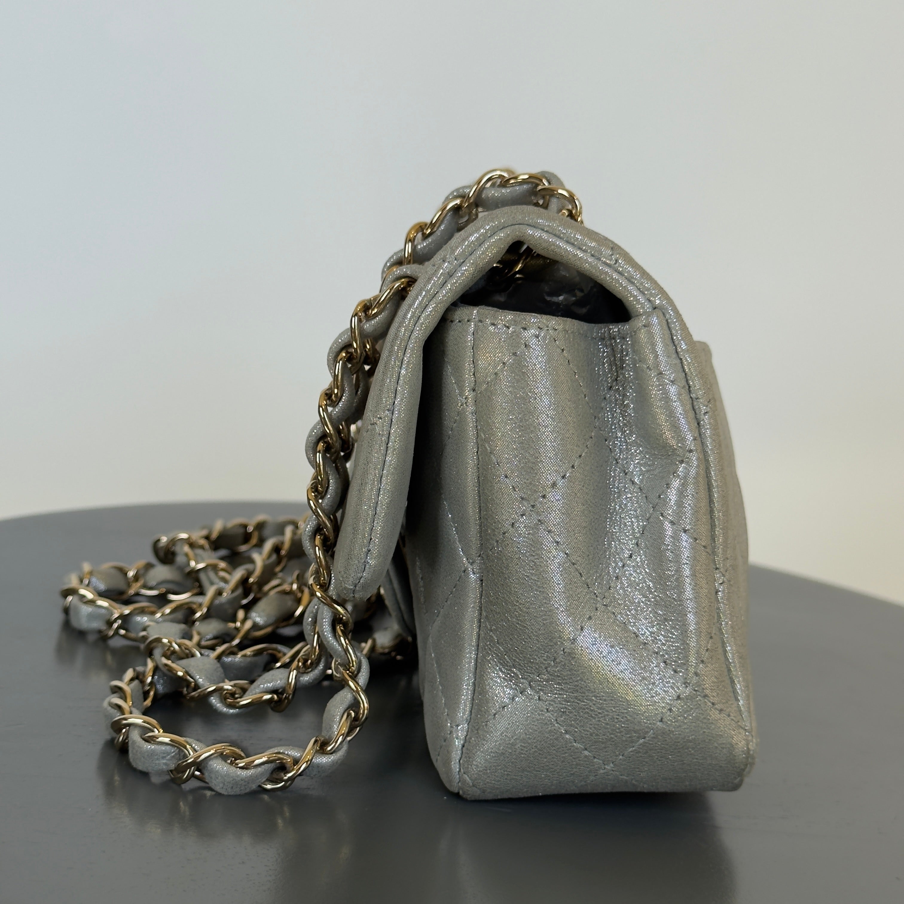 Chanel Iridescent Calfskin Quilted Mini Rectangular Flap Silver -  Replica Handbags 