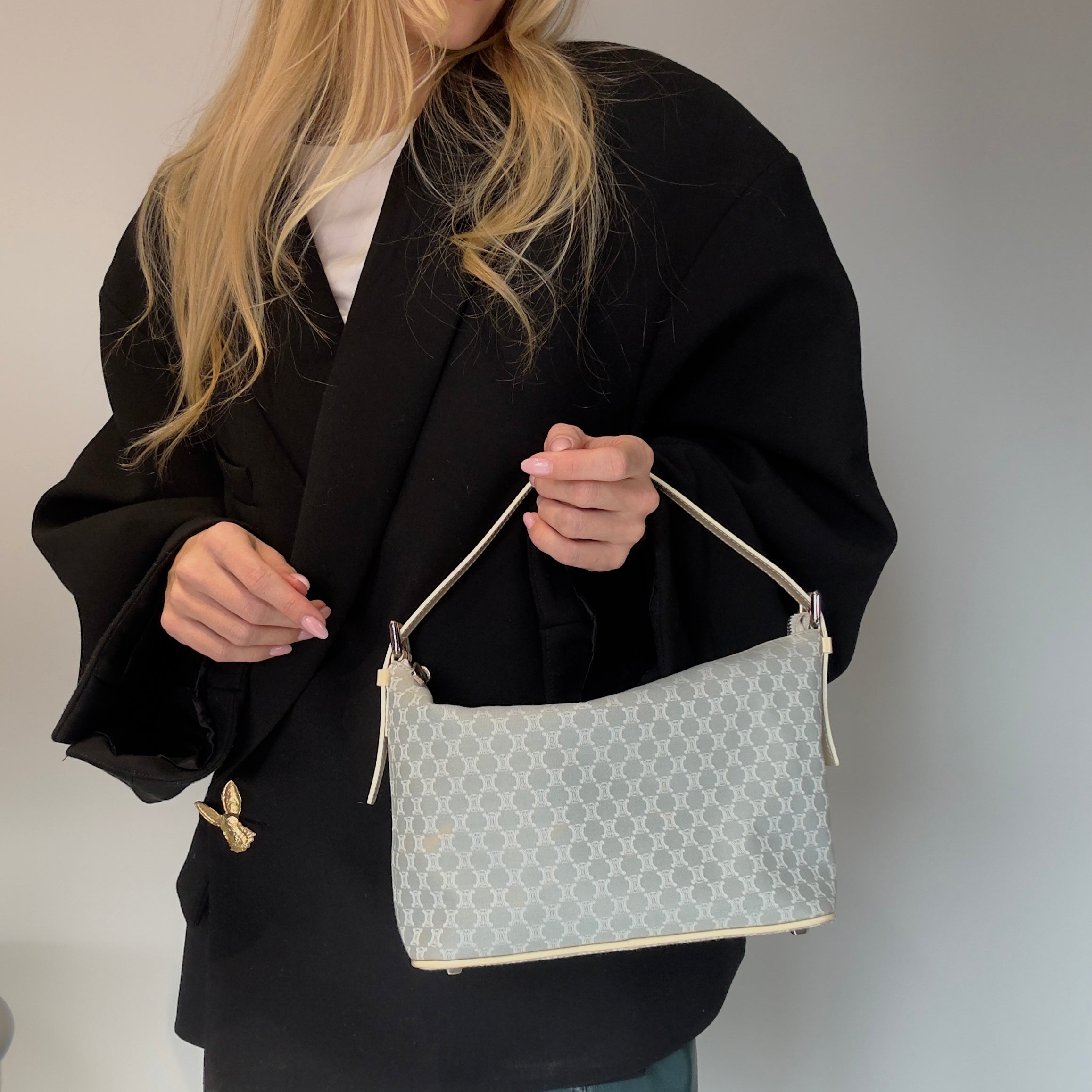 Vintage Celine Canvas Blue Triomphe Pochette - Replica Handbags