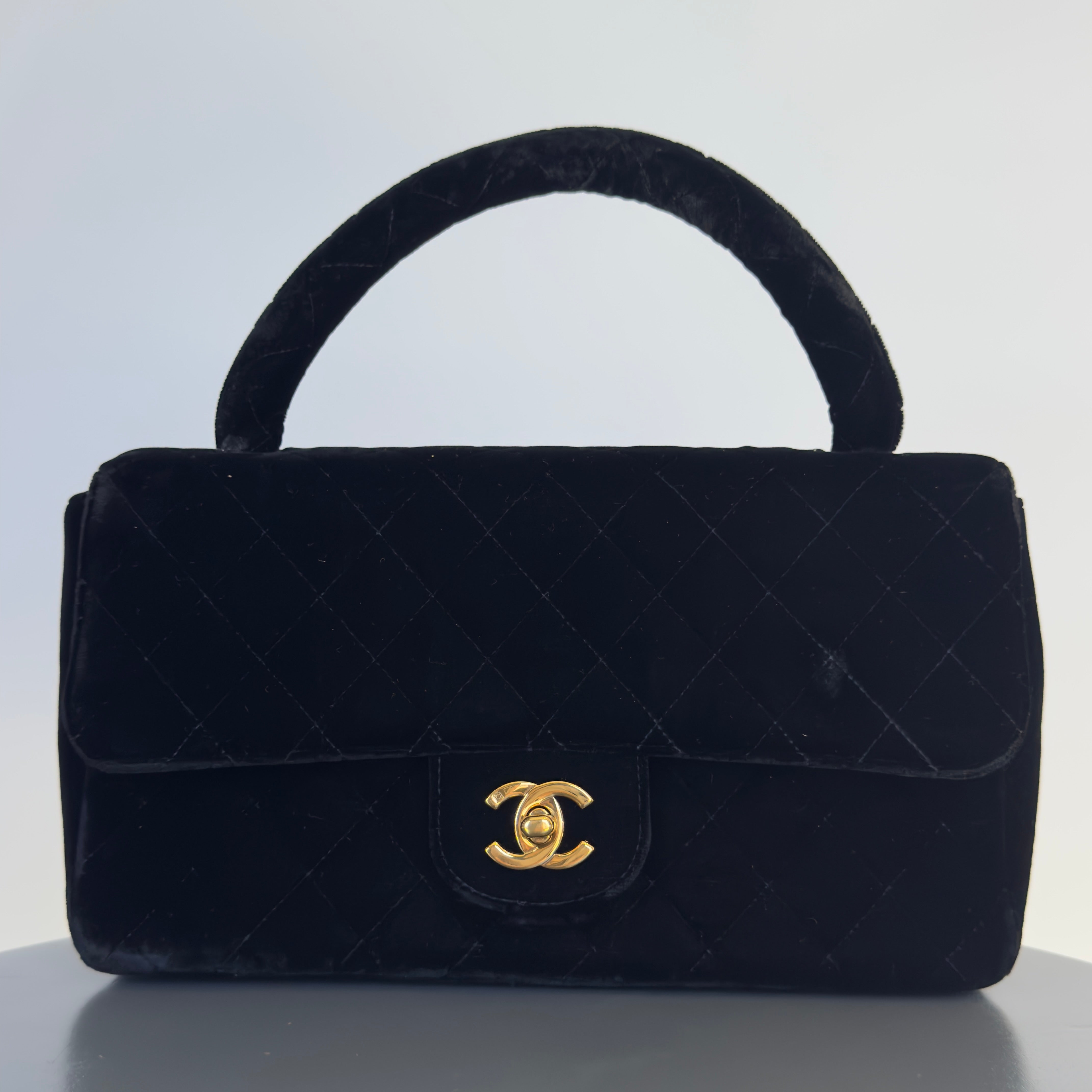 Chanel Black Quilted Velvet Medium Top Handle Bag -  Replica Handbags 