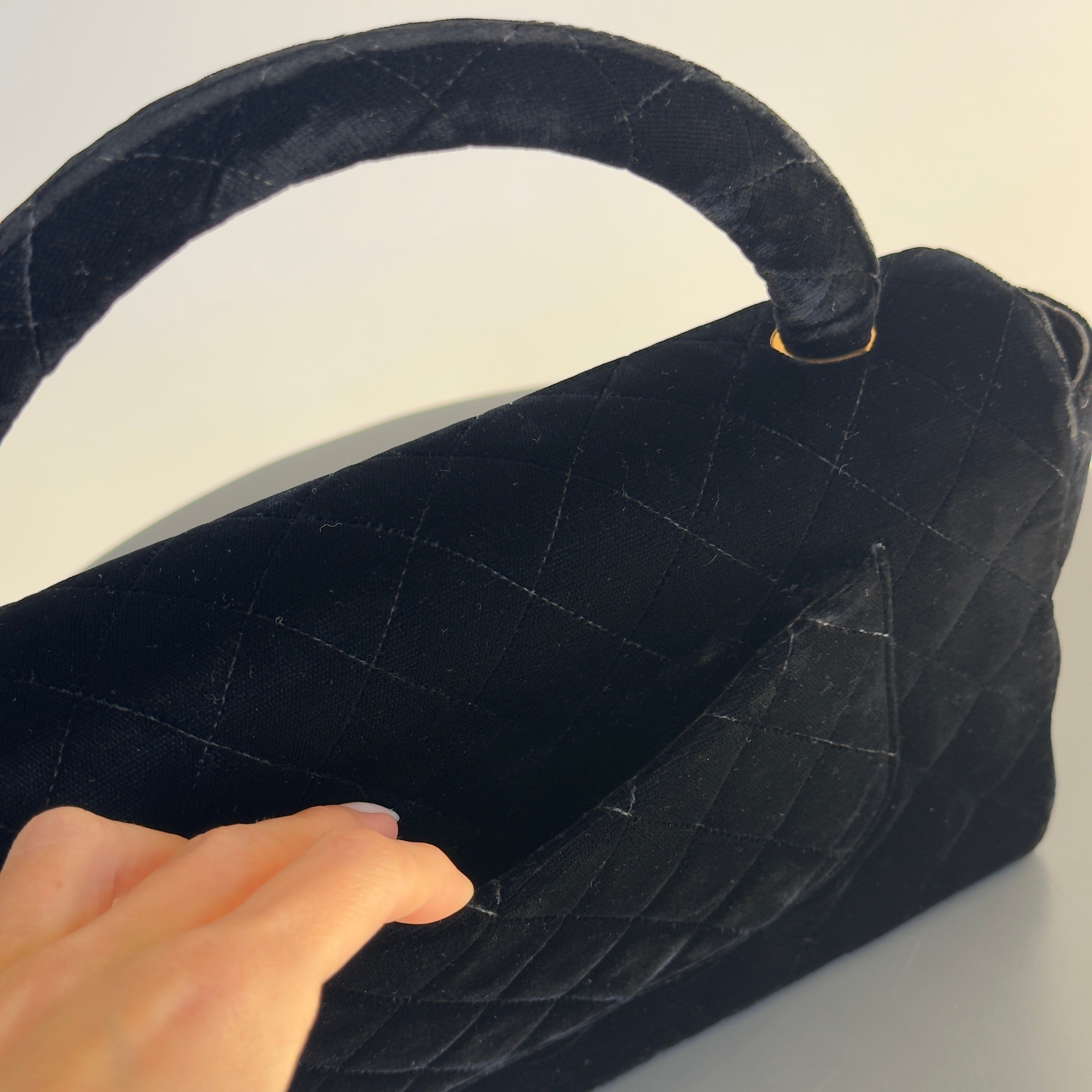 Chanel Black Quilted Velvet Medium Top Handle Bag -  Replica Handbags 