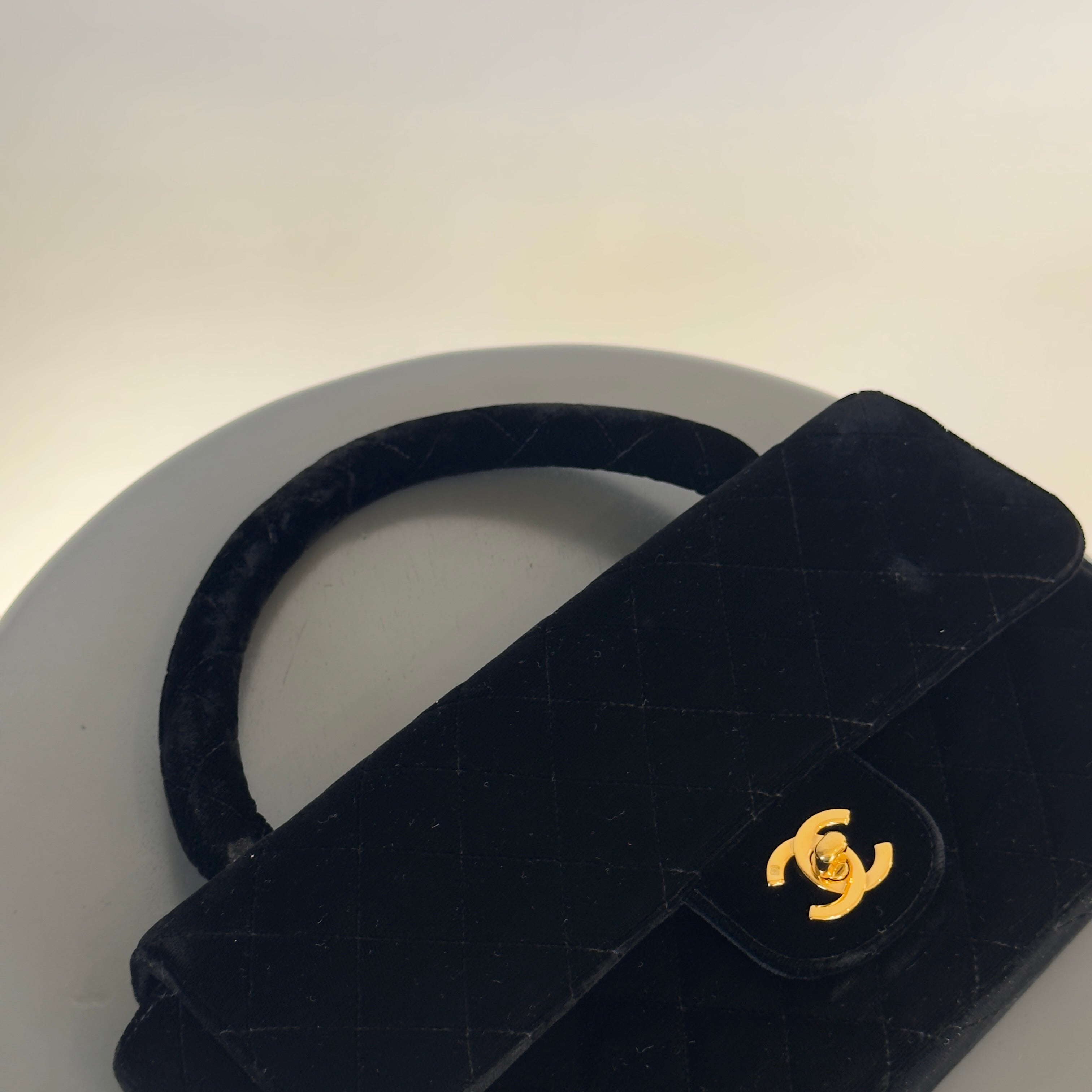 Chanel Black Quilted Velvet Medium Top Handle Bag -  Replica Handbags 