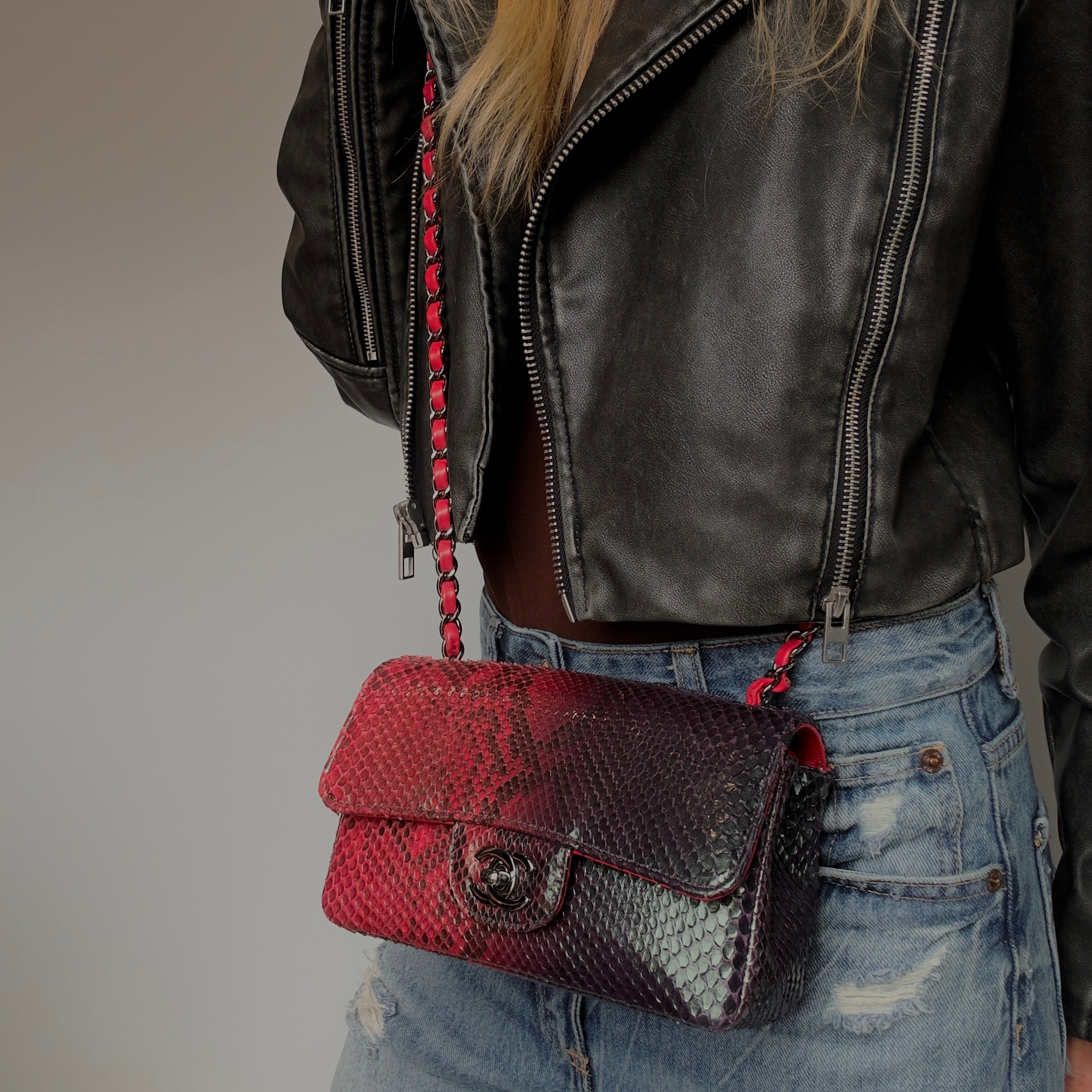 Chanel Mini Rectangular Flap Bag Red and Black Python Ruthenium Tone Hardware -  Replica Handbags 