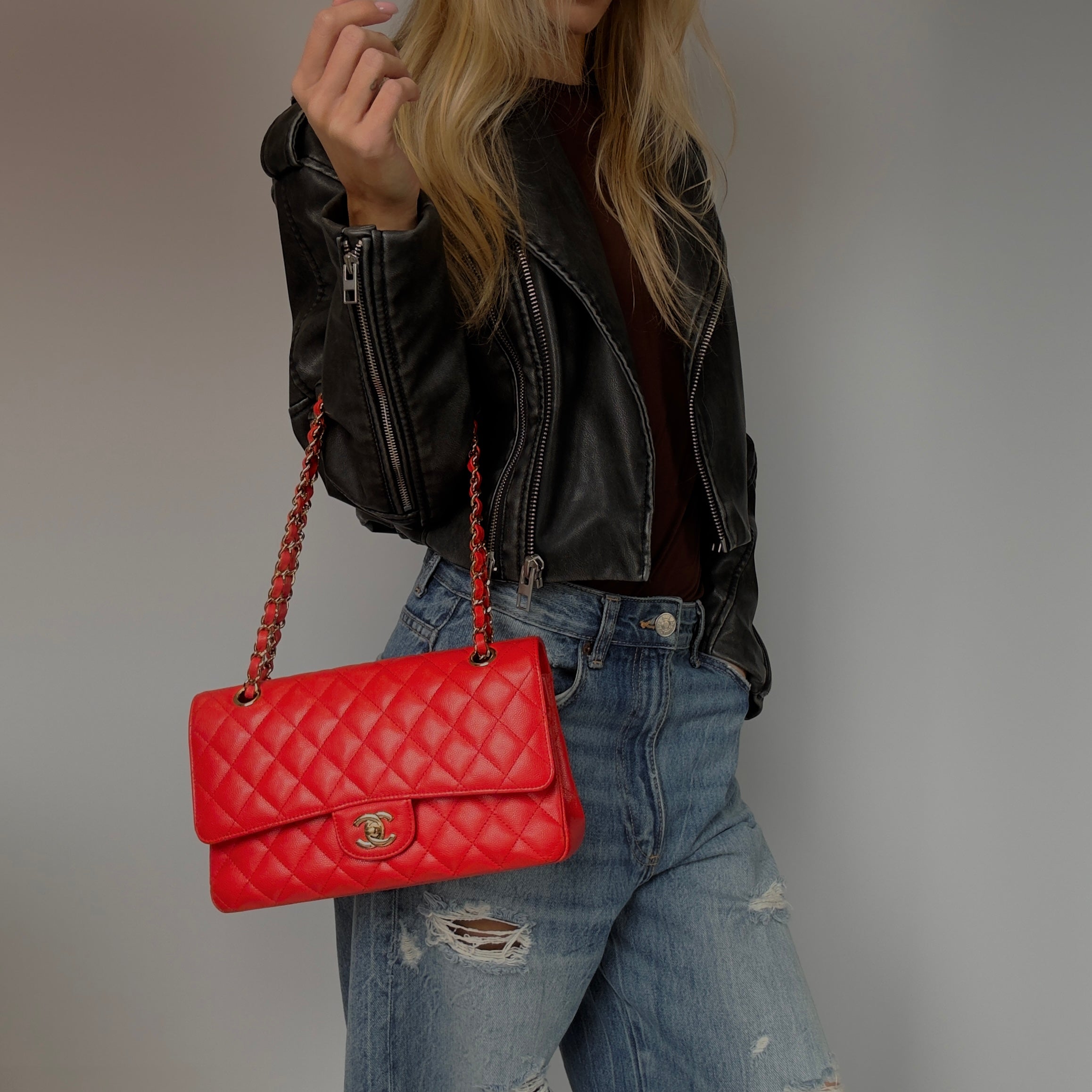 Chanel Caviar Quilted Medium Double Flap 2019 Red Orange Light Gold Hardware -  Replica Handbags 