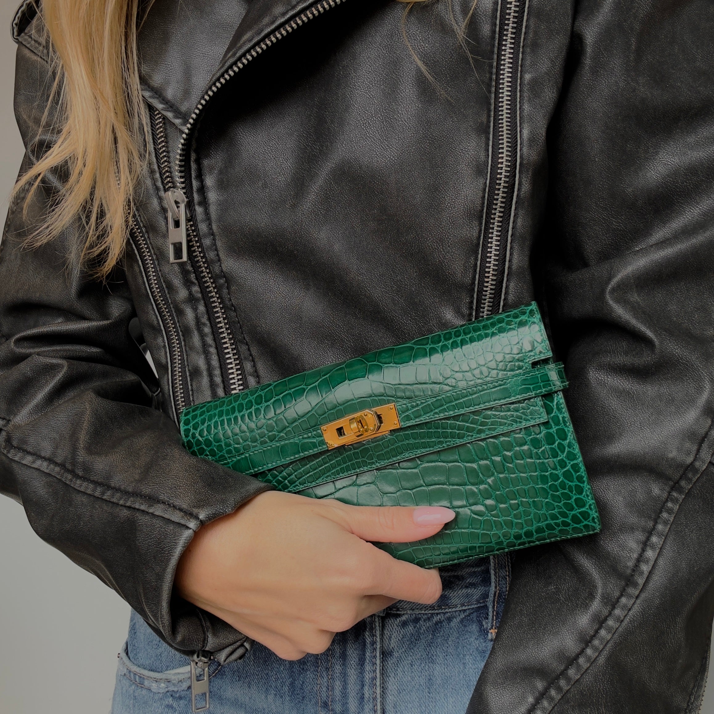 Hermes Kelly Longue Wallet Emerald Shiny Alligator -  Replica Handbags 