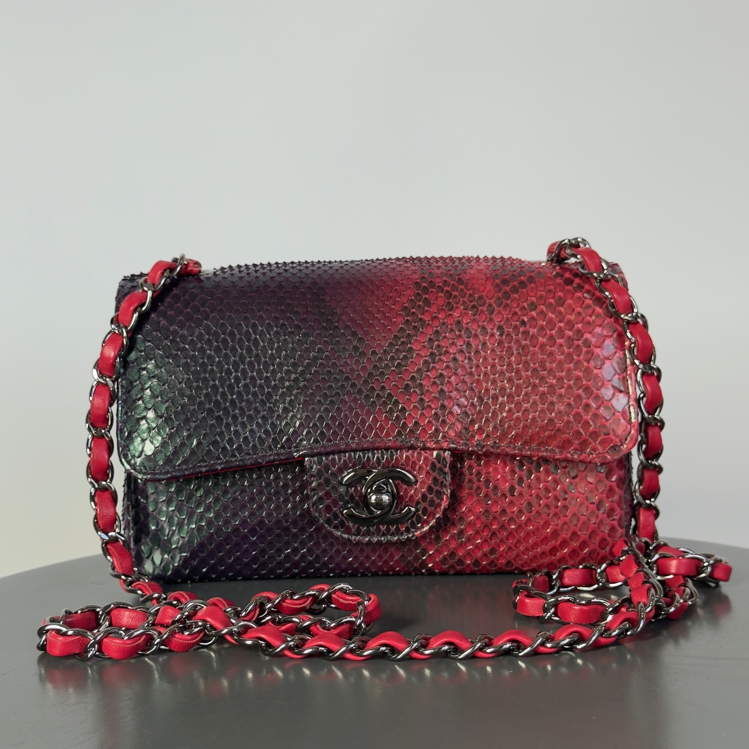 Chanel Mini Rectangular Flap Bag Red and Black Python Ruthenium Tone Hardware -  Replica Handbags 