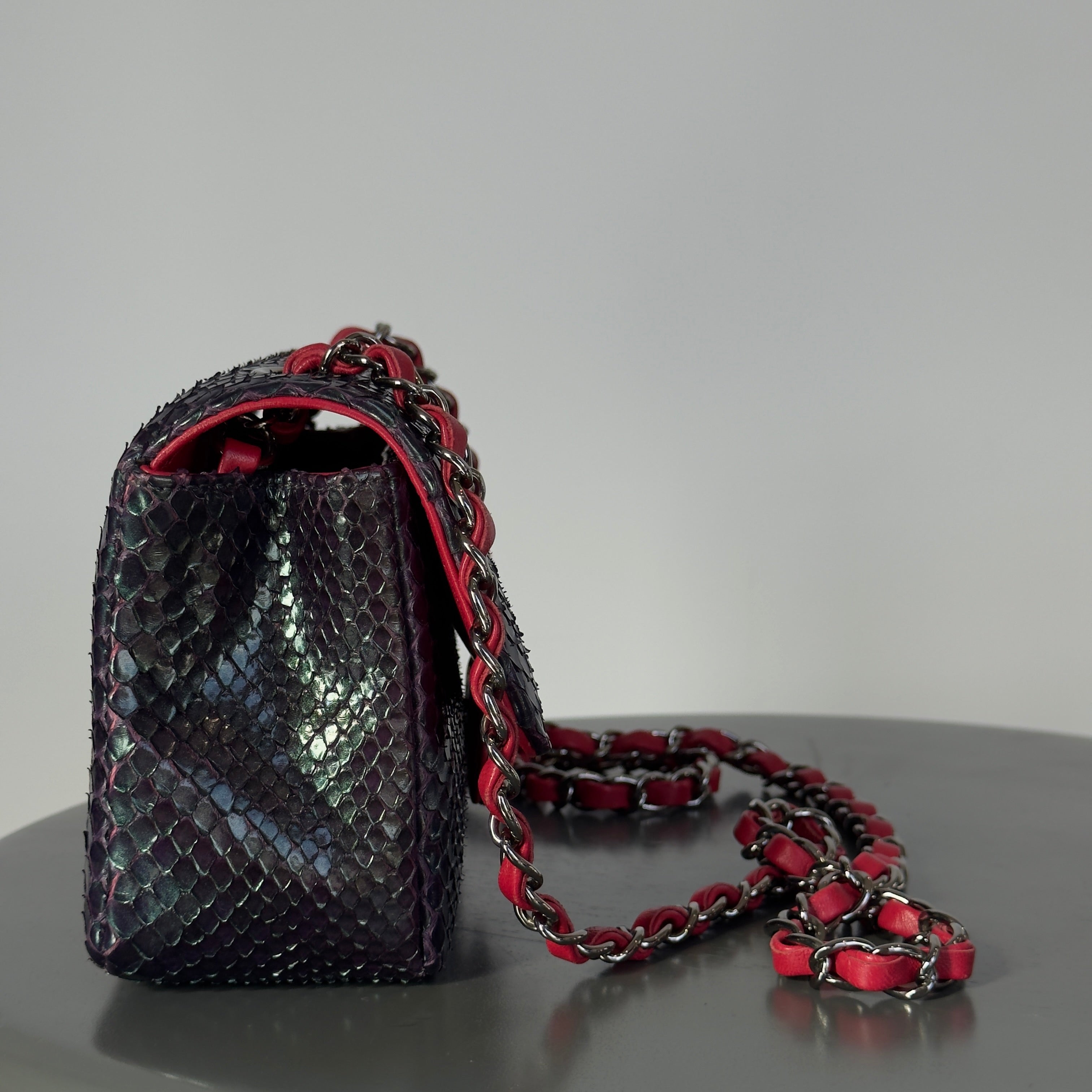 Chanel Mini Rectangular Flap Bag Red and Black Python Ruthenium Tone Hardware -  Replica Handbags 