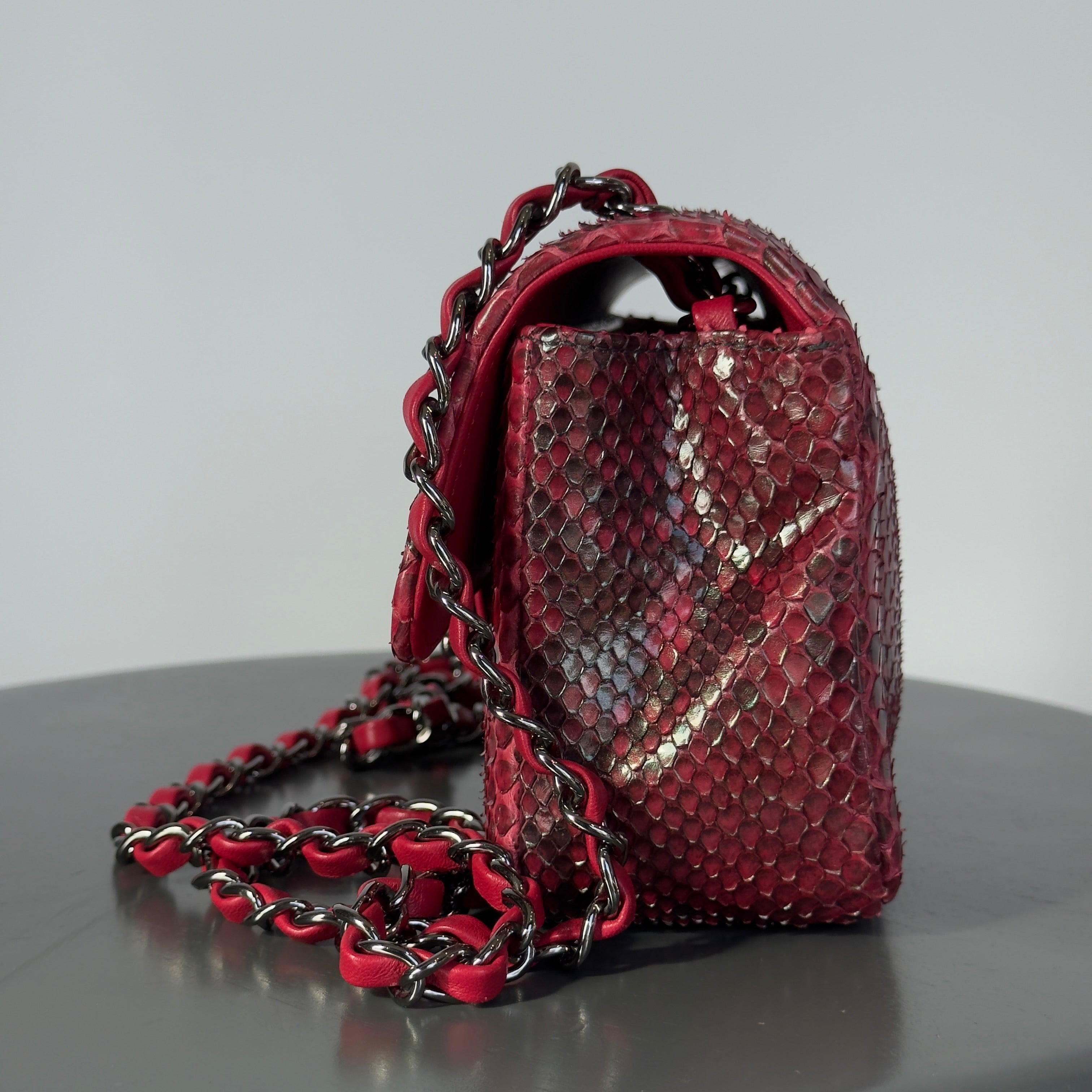 Chanel Mini Rectangular Flap Bag Red and Black Python Ruthenium Tone Hardware - Replica Handbags