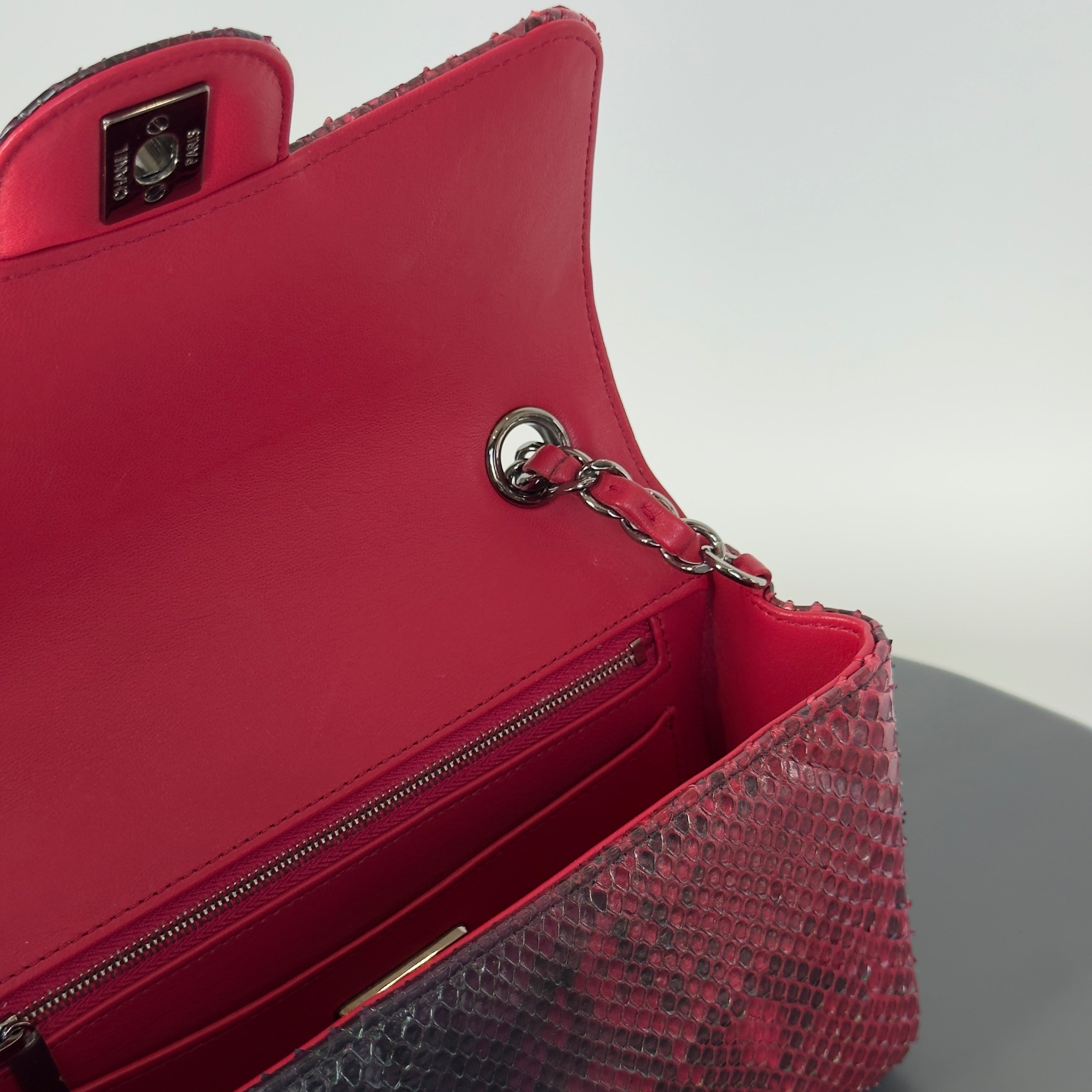 Chanel Mini Rectangular Flap Bag Red and Black Python Ruthenium Tone Hardware -  Replica Handbags 