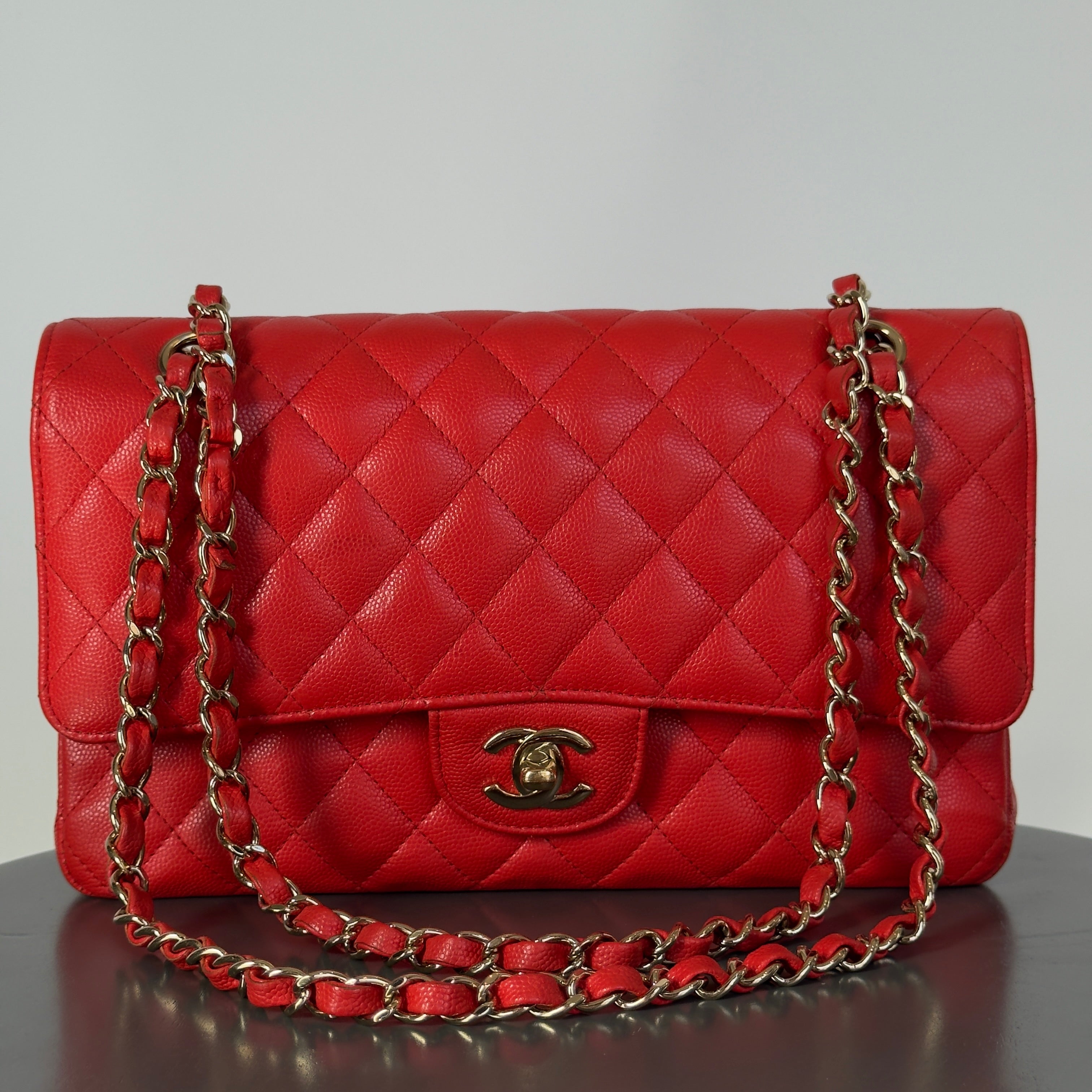 Chanel Caviar Quilted Medium Double Flap 2019 Red Orange Light Gold Hardware -  Replica Handbags 