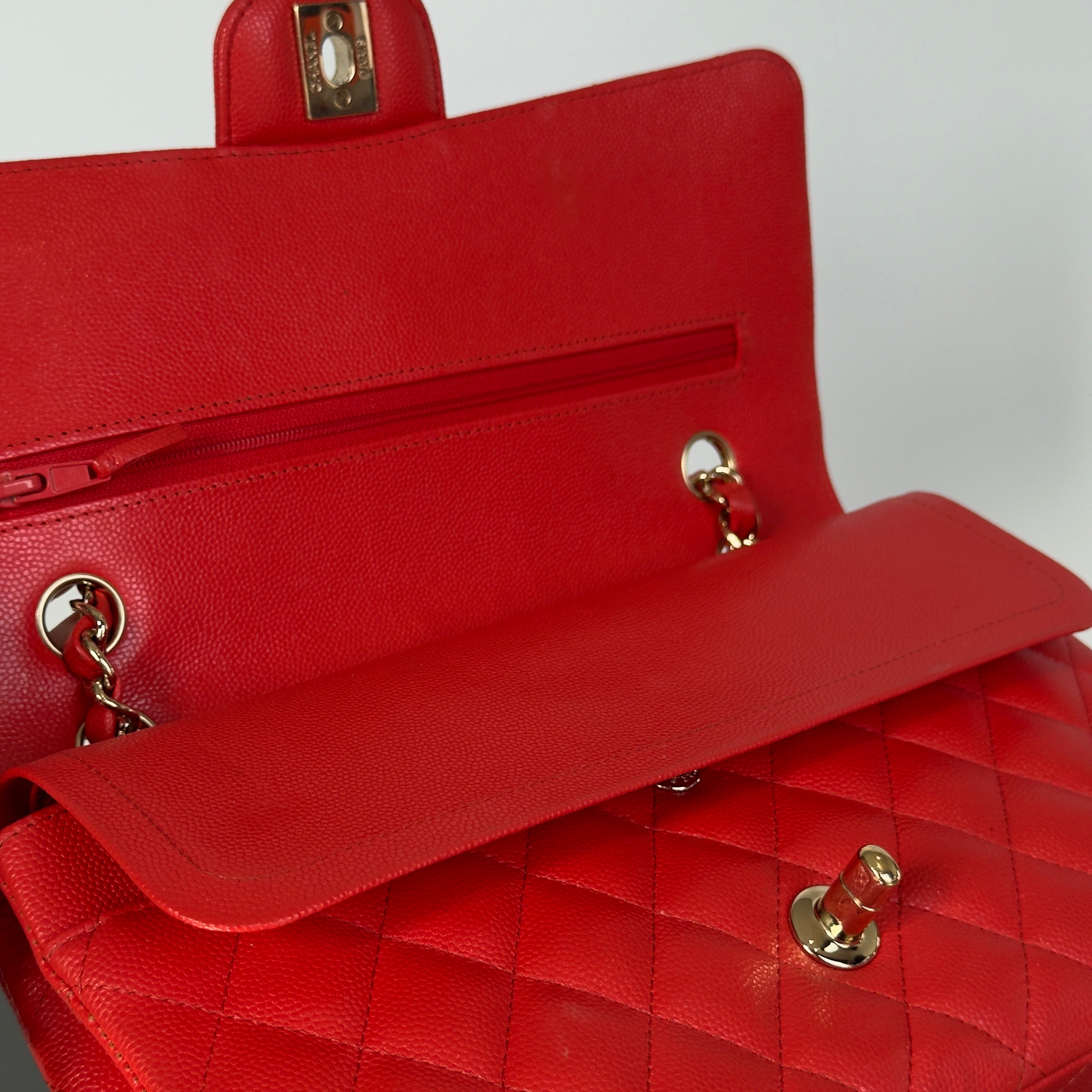 Chanel Caviar Quilted Medium Double Flap 2019 Red Orange Light Gold Hardware - Replica Handbags