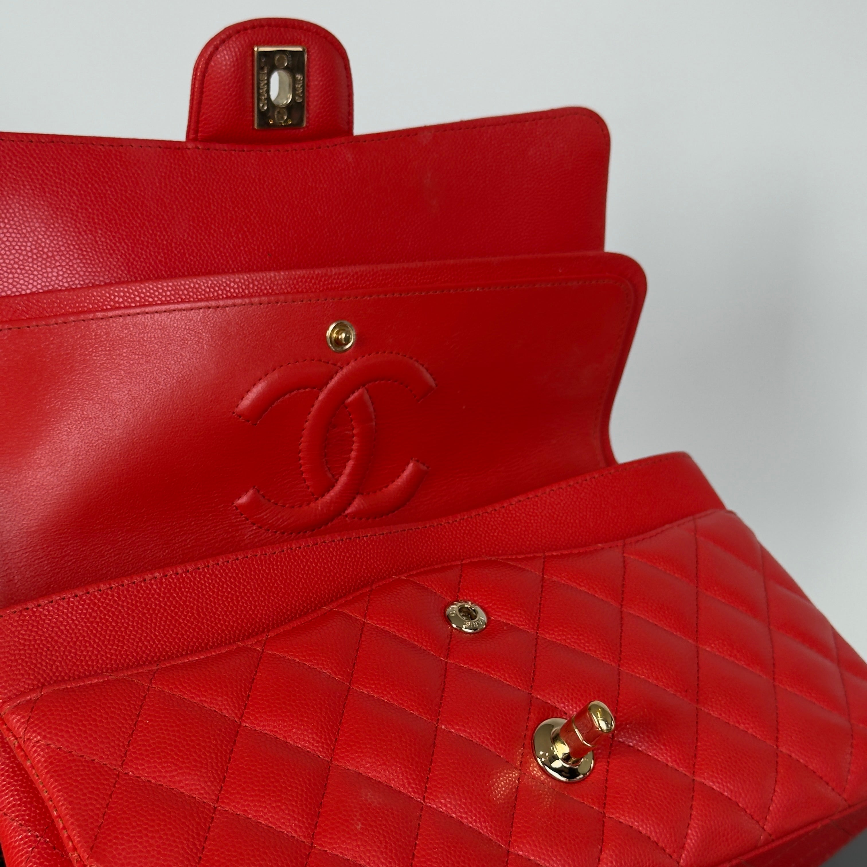 Chanel Caviar Quilted Medium Double Flap 2019 Red Orange Light Gold Hardware - Replica Handbags