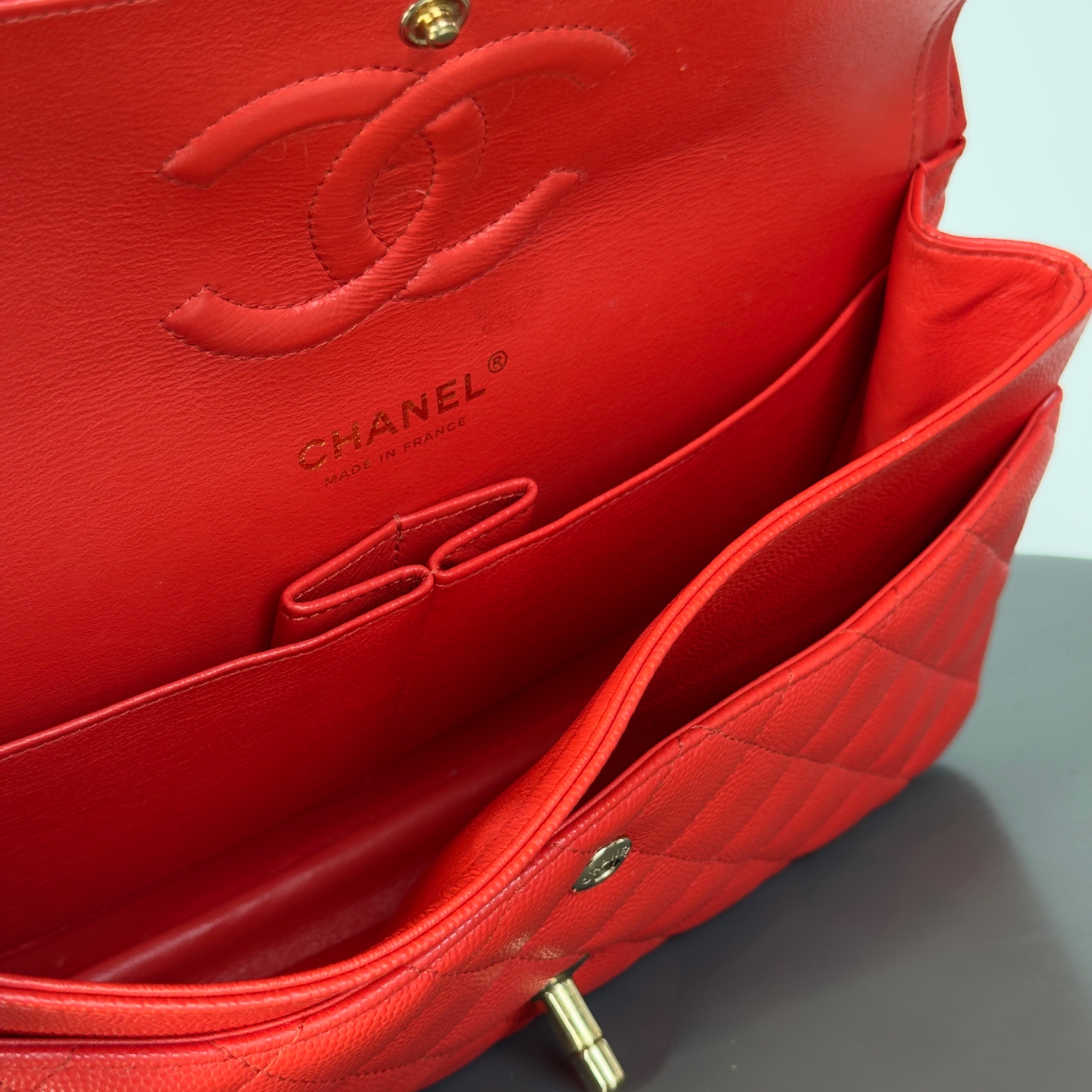 Chanel Caviar Quilted Medium Double Flap 2019 Red Orange Light Gold Hardware -  Replica Handbags 