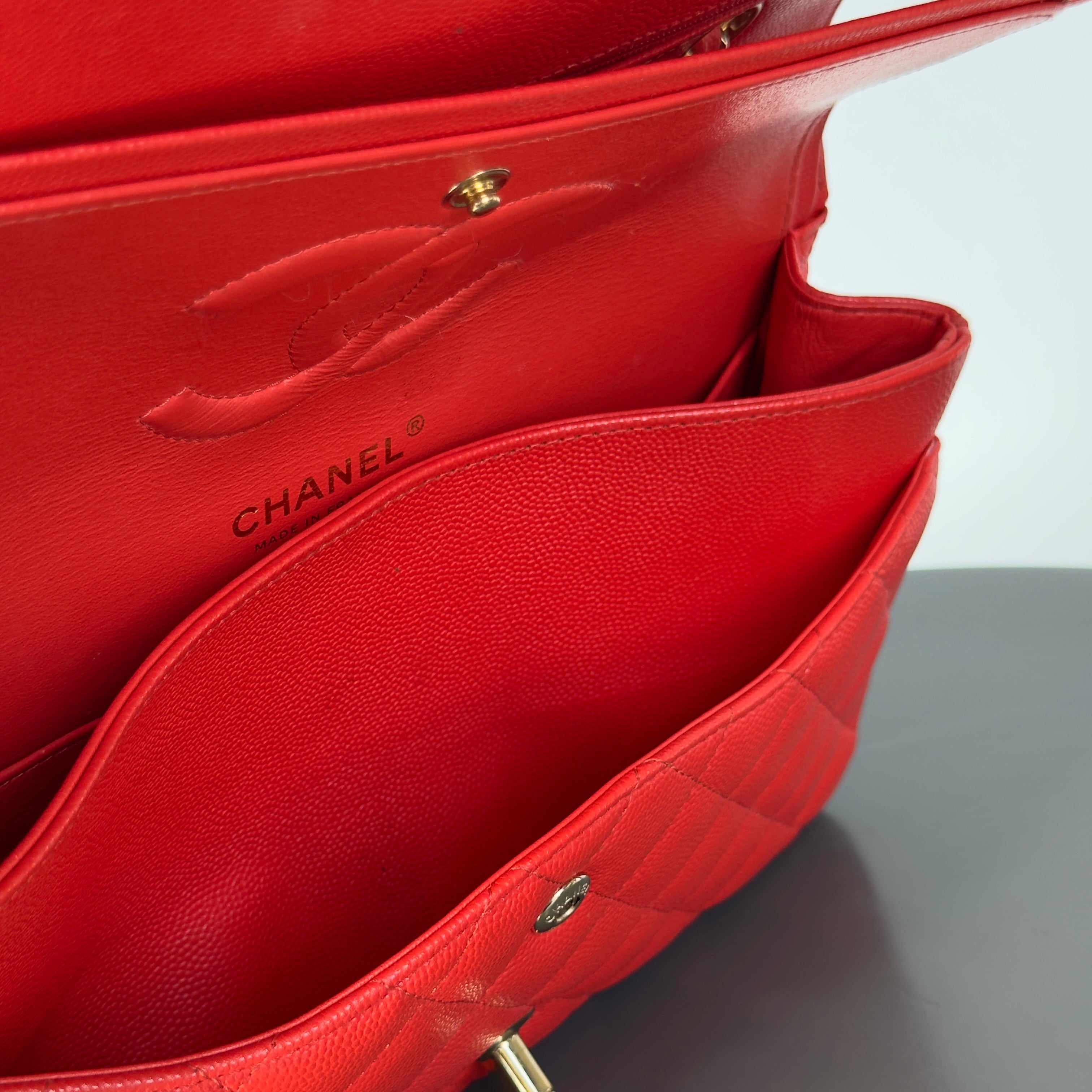 Chanel Caviar Quilted Medium Double Flap 2019 Red Orange Light Gold Hardware -  Replica Handbags 