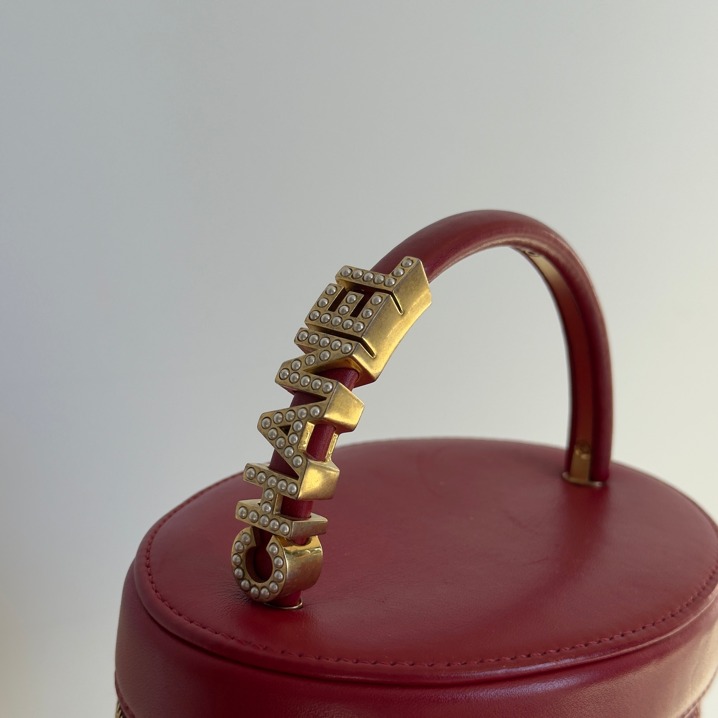 Chanel Pearl Logo Red Top Handle Vanity Case With Chain