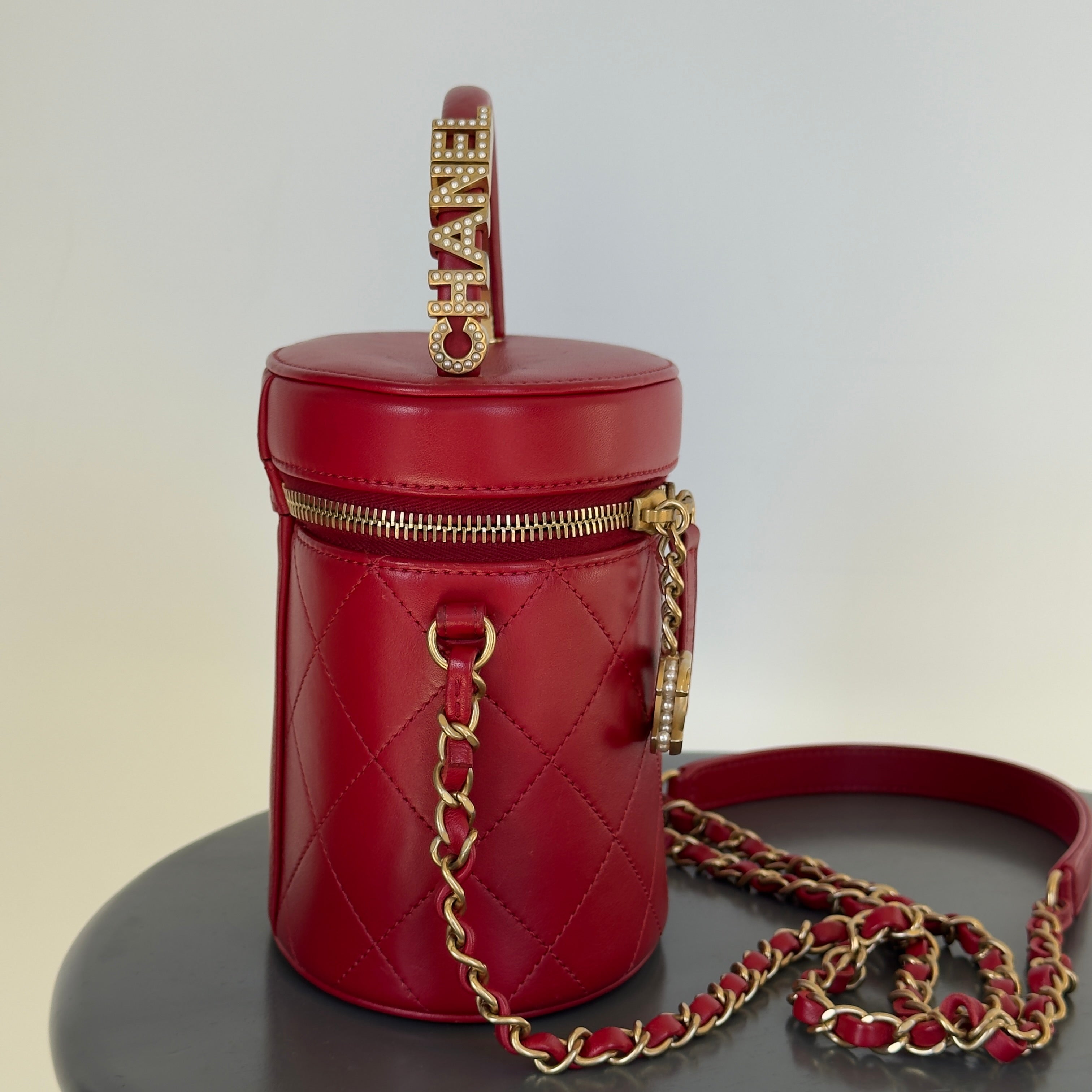 Chanel Pearl Logo Red Top Handle Vanity Case With Chain