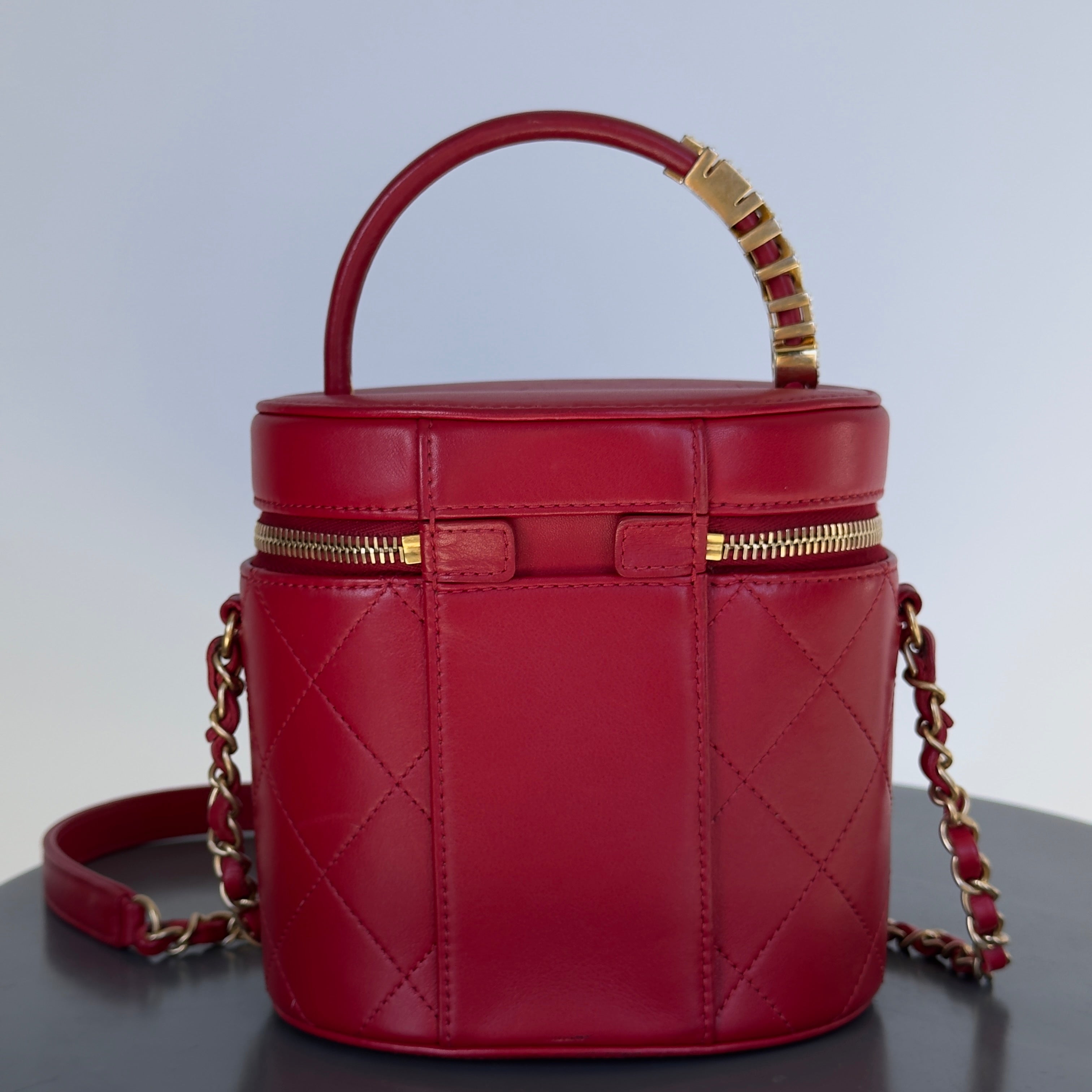 Chanel Pearl Logo Red Top Handle Vanity Case With Chain