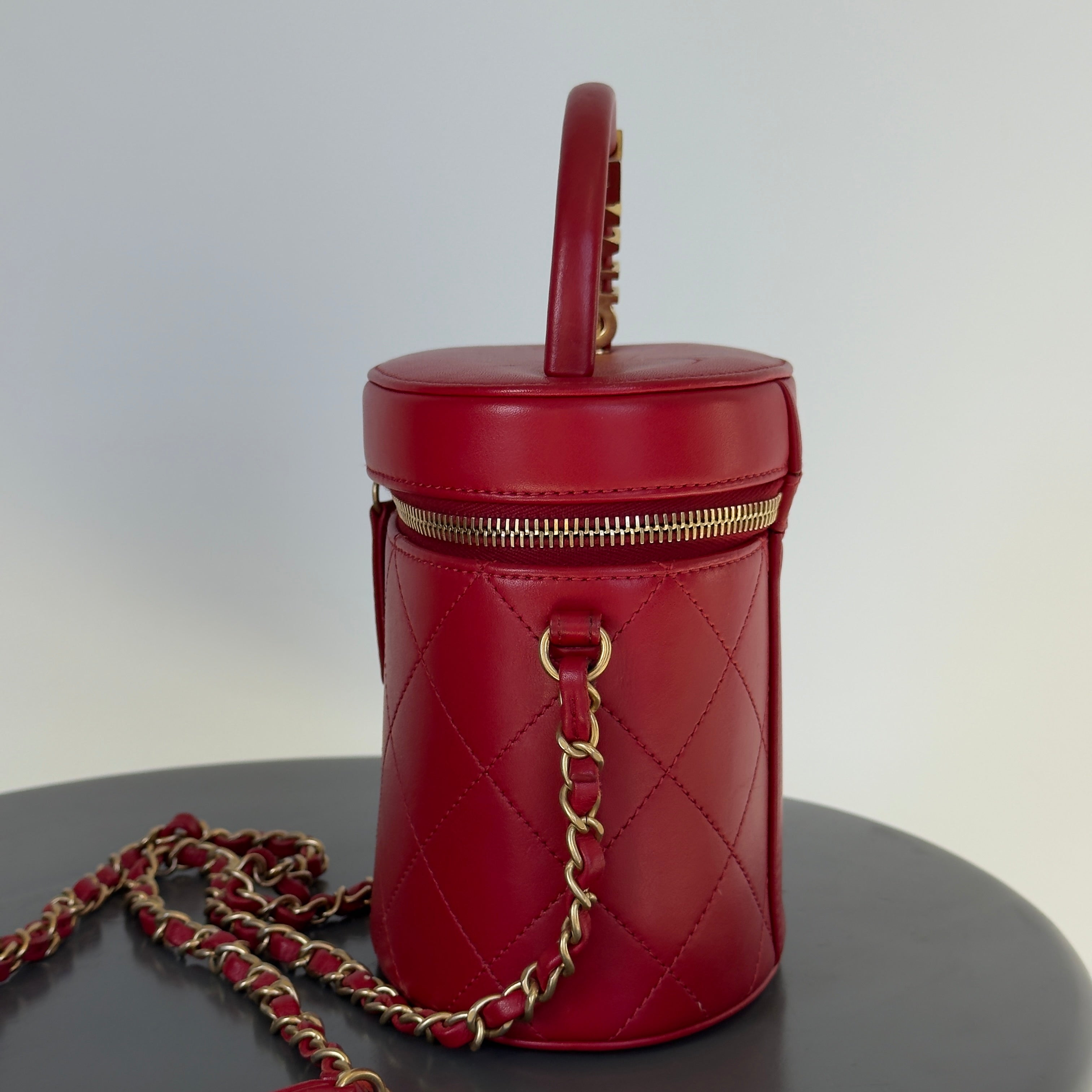 Chanel Pearl Logo Red Top Handle Vanity Case With Chain