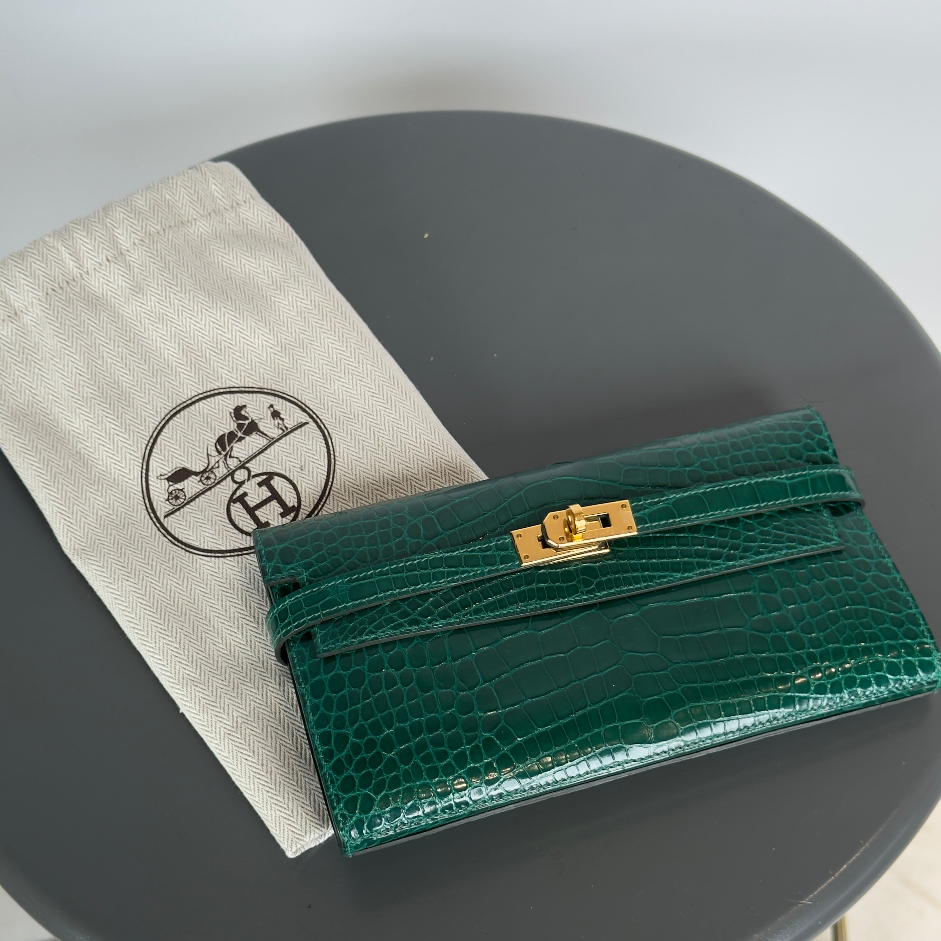 Hermes Kelly Longue Wallet Emerald Shiny Alligator - Replica Handbags
