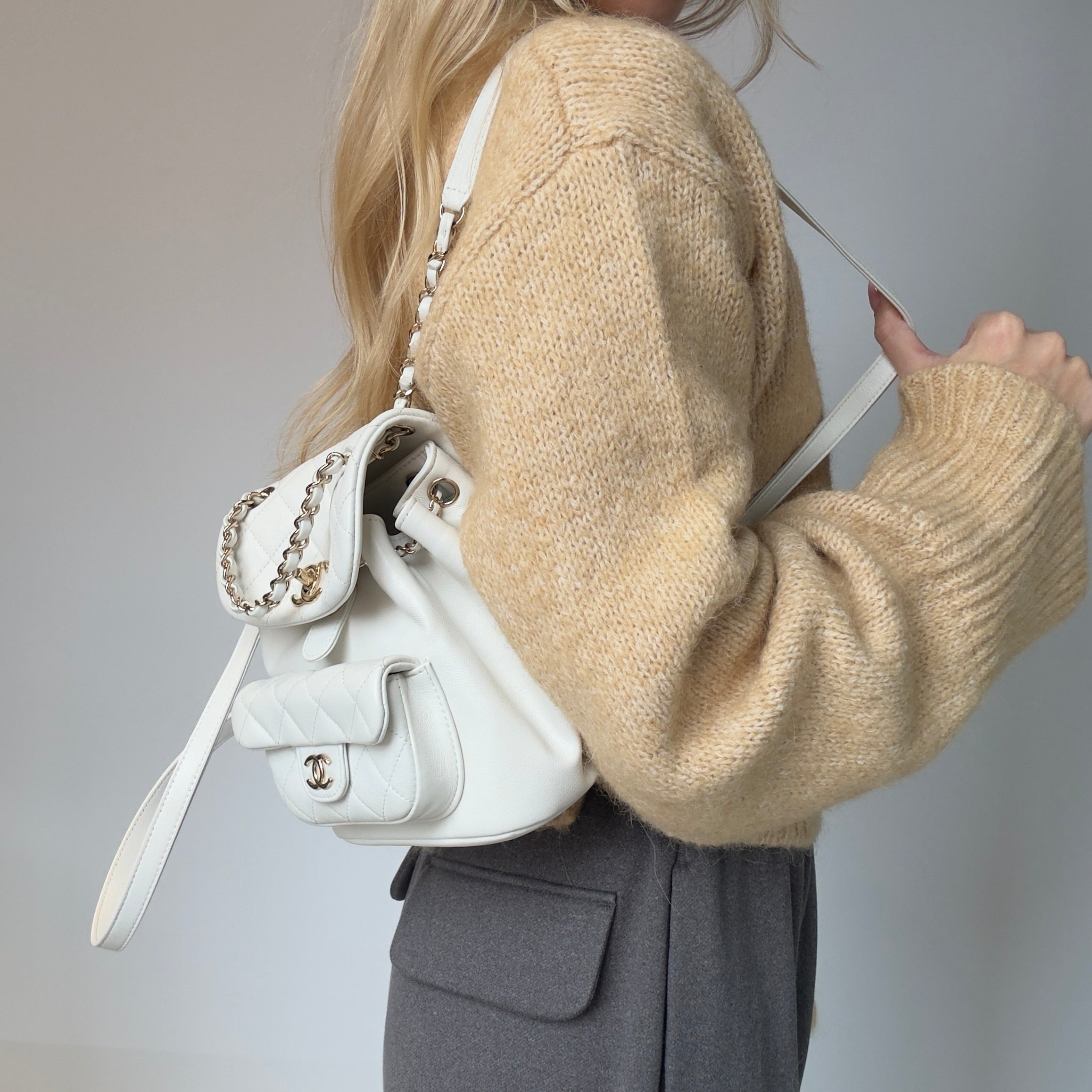 Chanel Small Duma Pockets Drawstring Backpack White -  Replica Handbags 