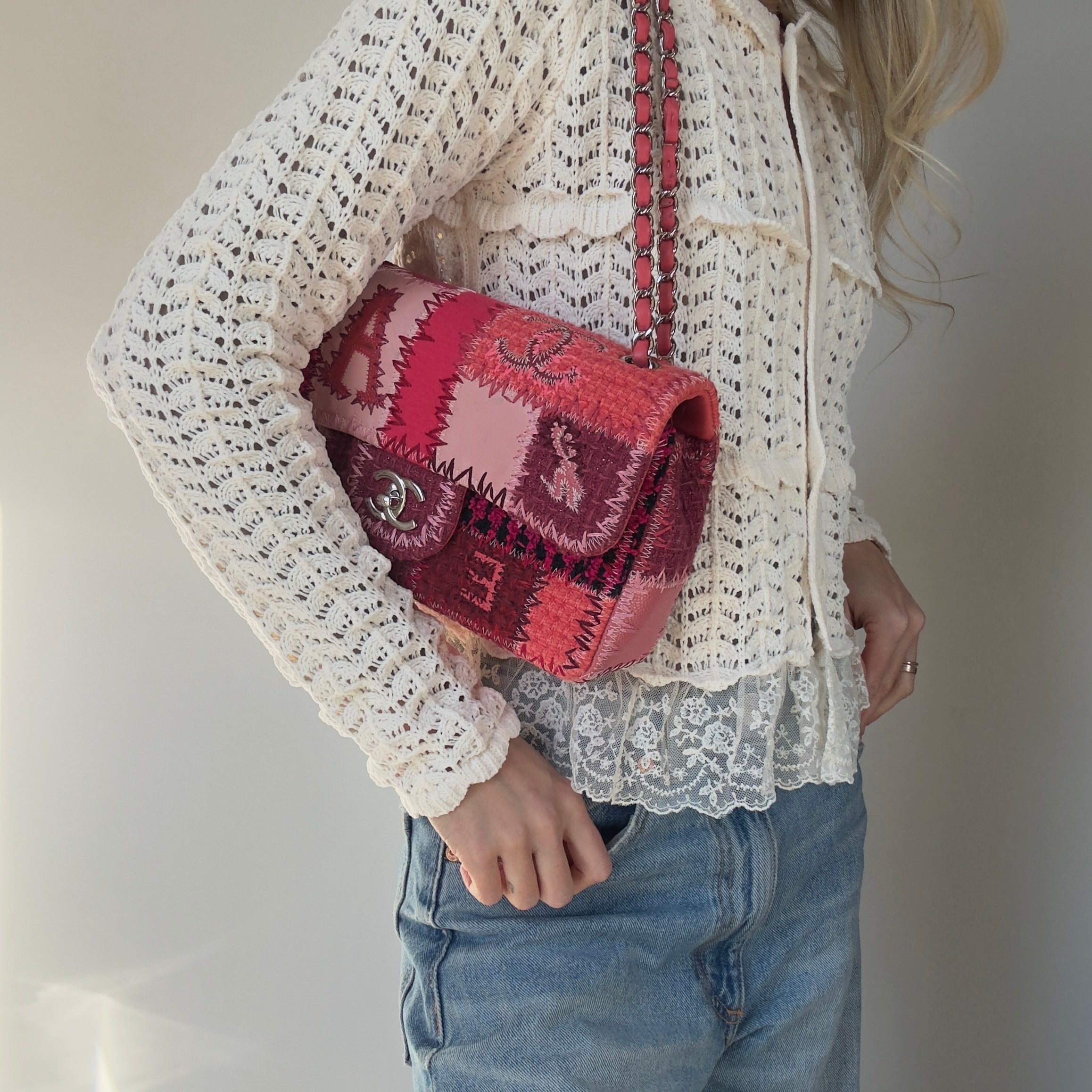 Ultra Rare Chanel Pink Tweed Patchwork Flap Bag