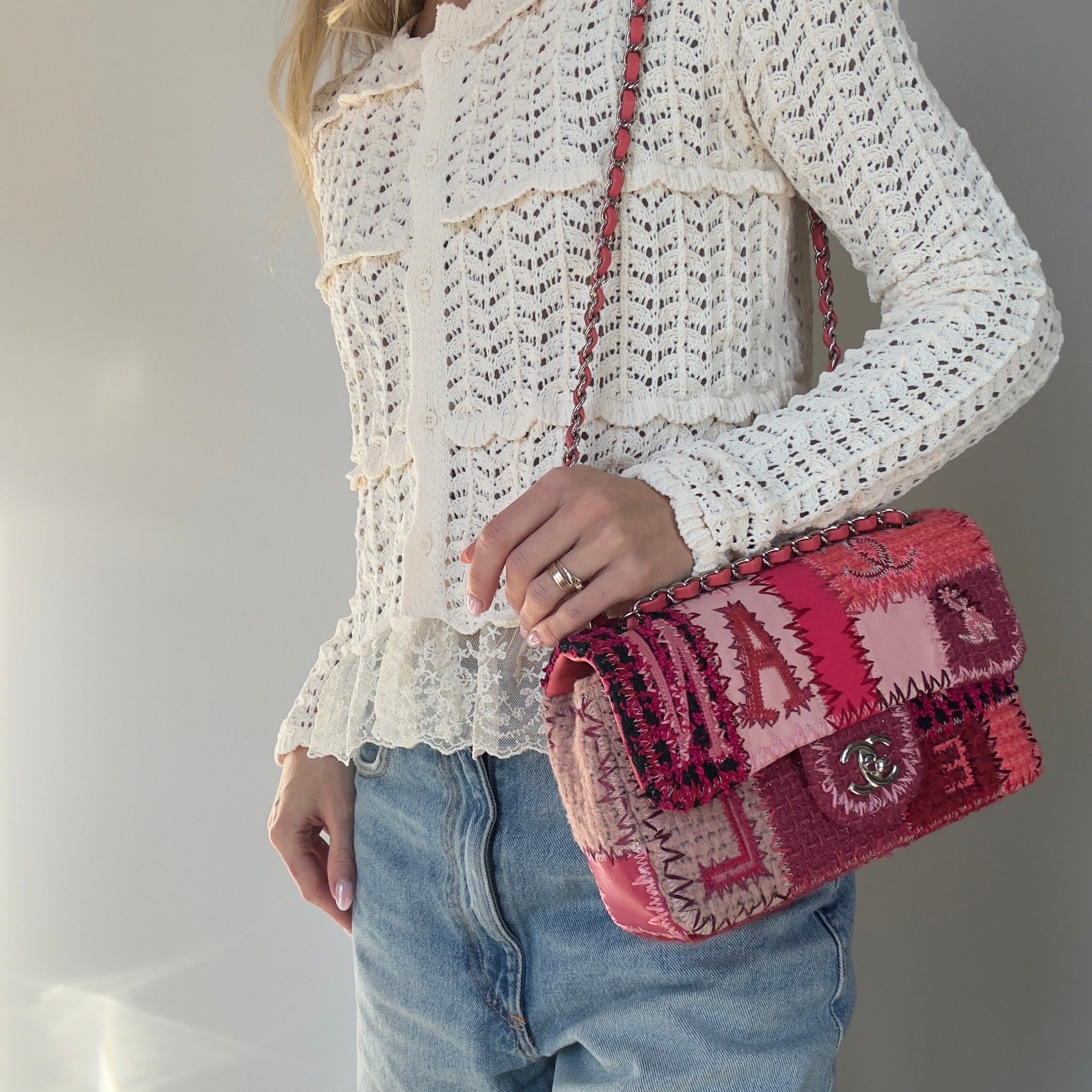 Ultra Rare Chanel Pink Tweed Patchwork Flap Bag