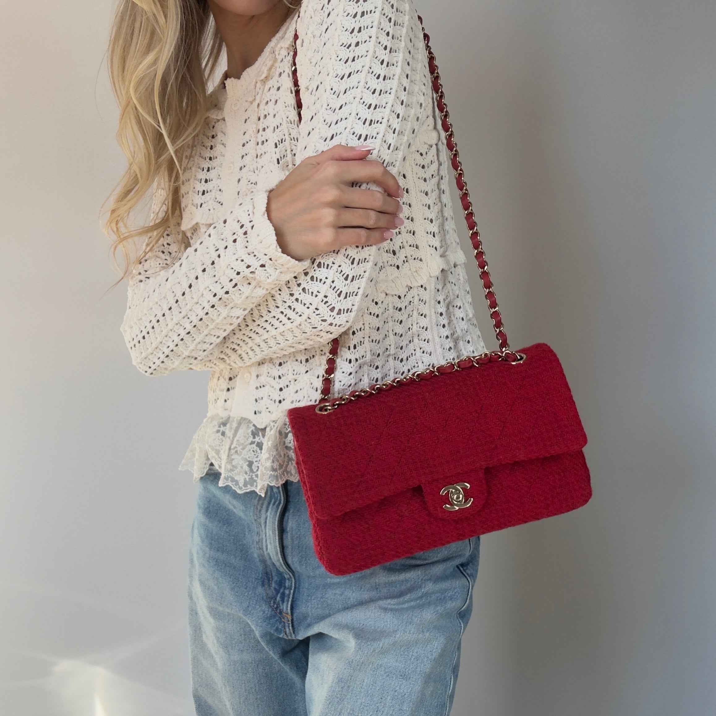 Chanel Red Wool & Tweed Medium Double Flap Bag