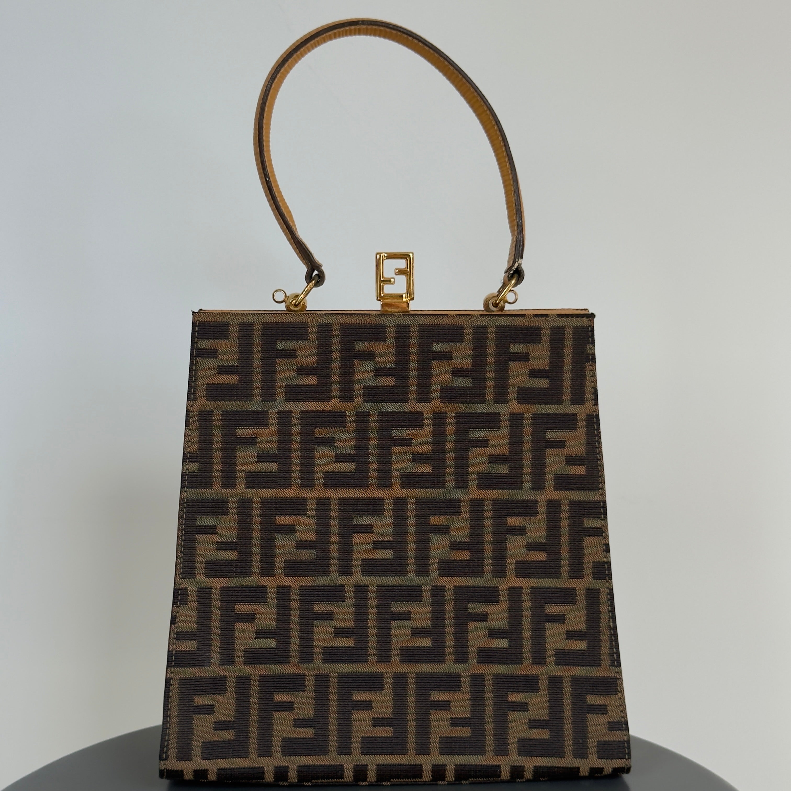 Fendi Brown Zucca Canvas Kiss Lock Bag
