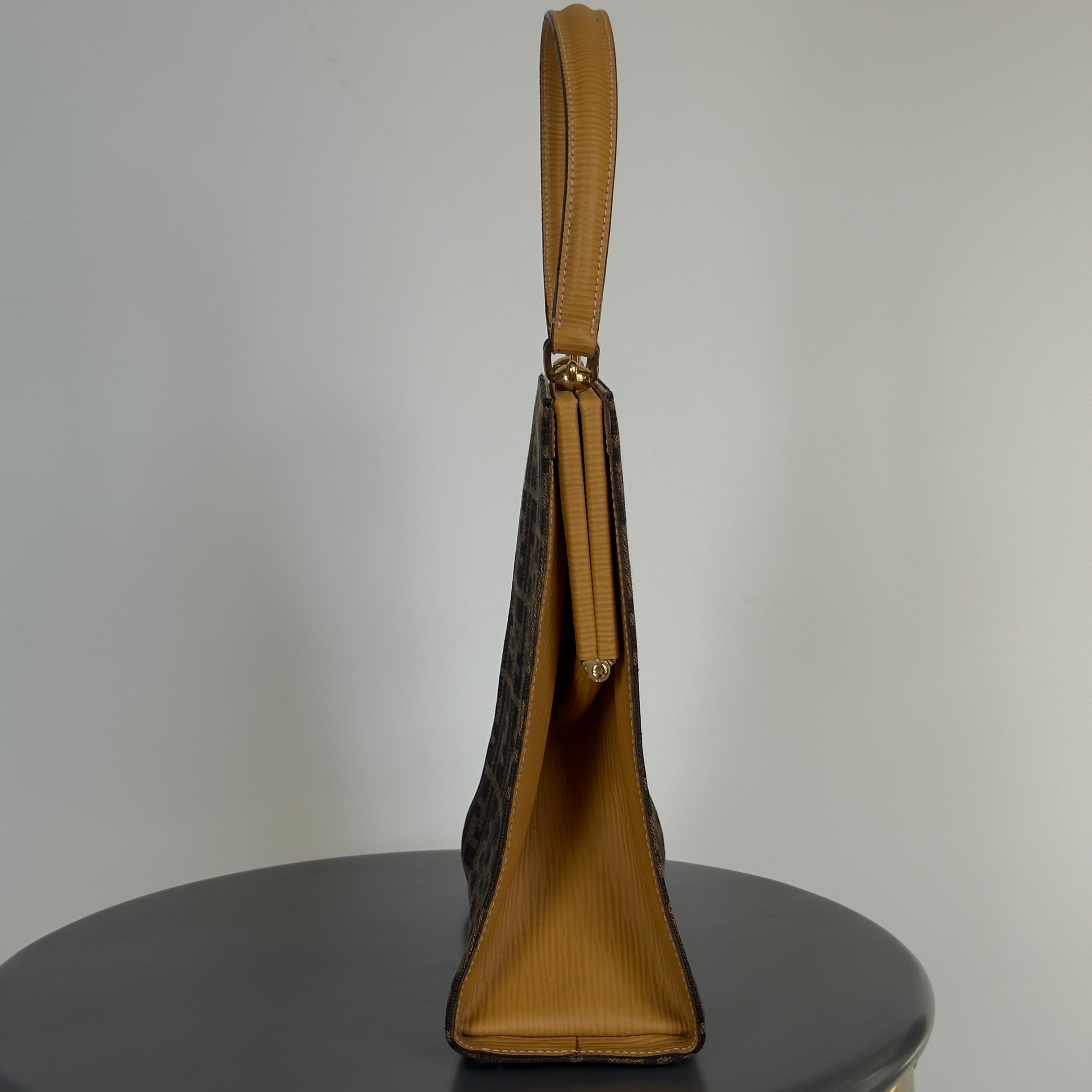 Fendi Brown Zucca Canvas Kiss Lock Bag