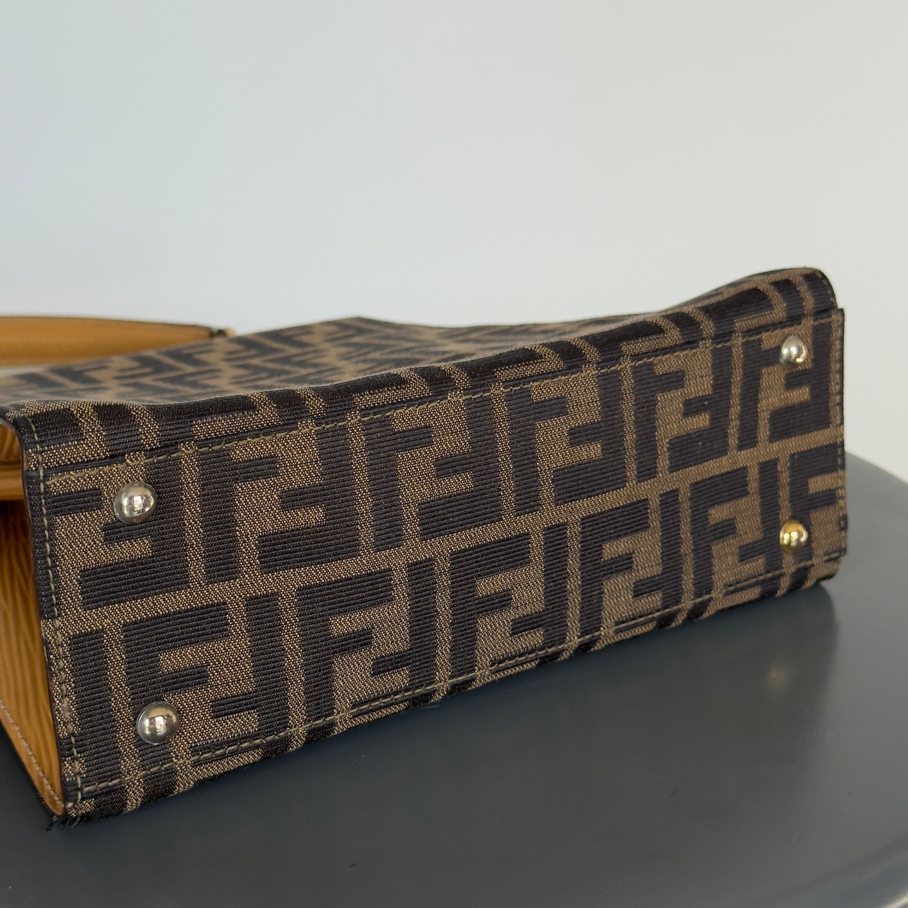 Fendi Brown Zucca Canvas Kiss Lock Bag