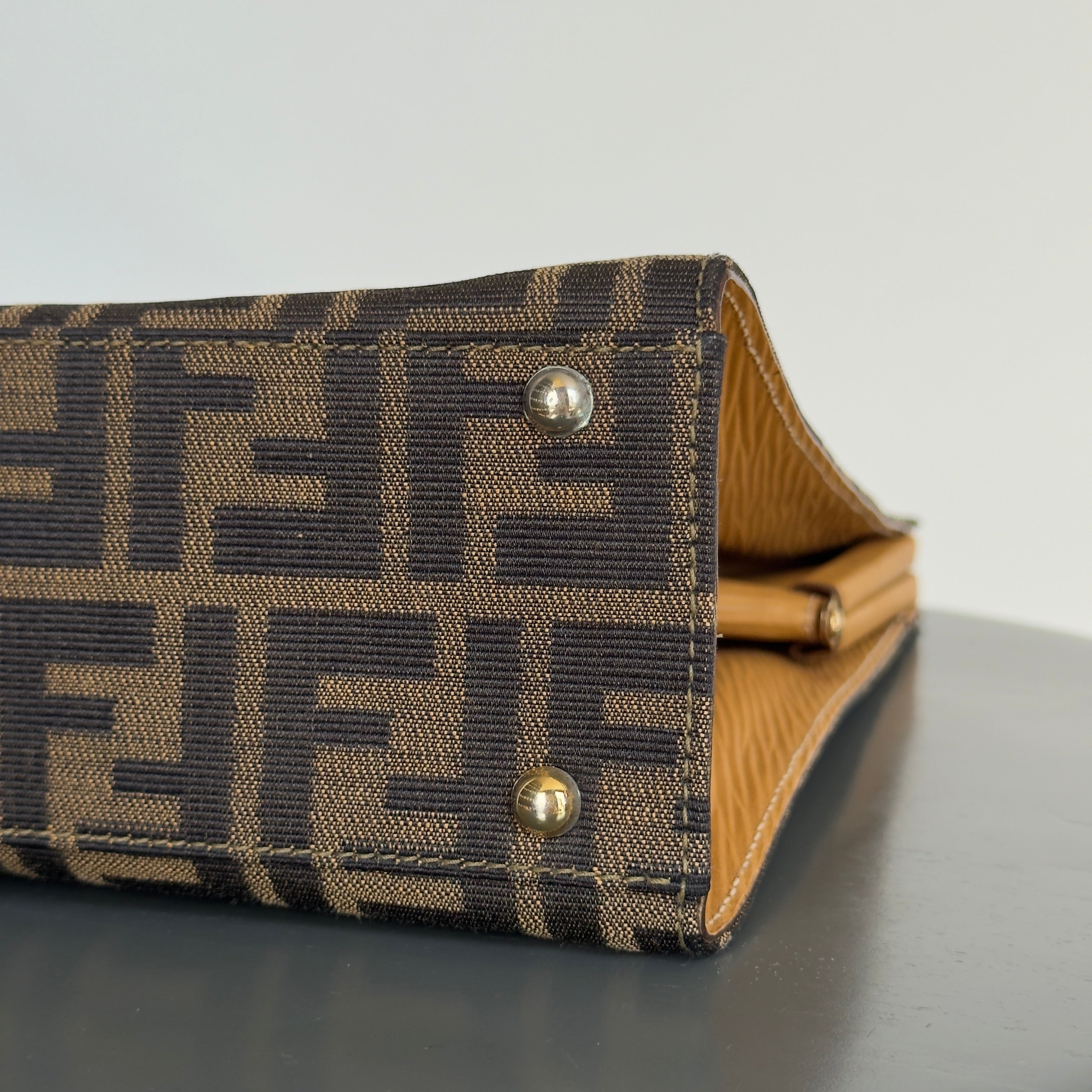 Fendi Brown Zucca Canvas Kiss Lock Bag