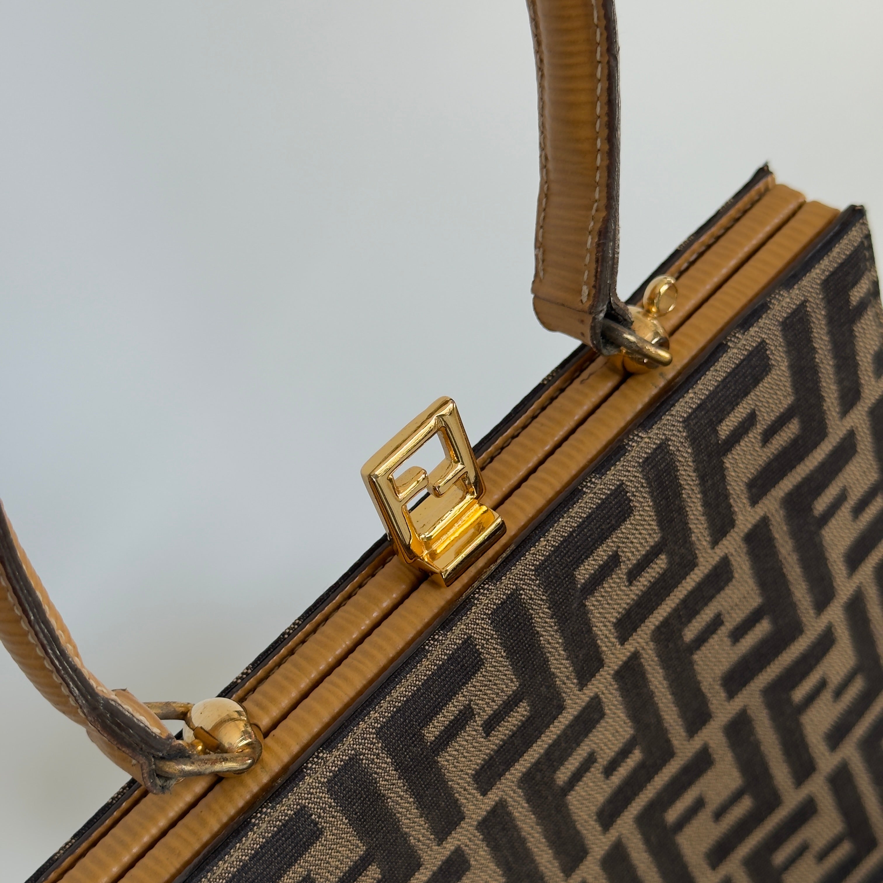 Fendi Brown Zucca Canvas Kiss Lock Bag