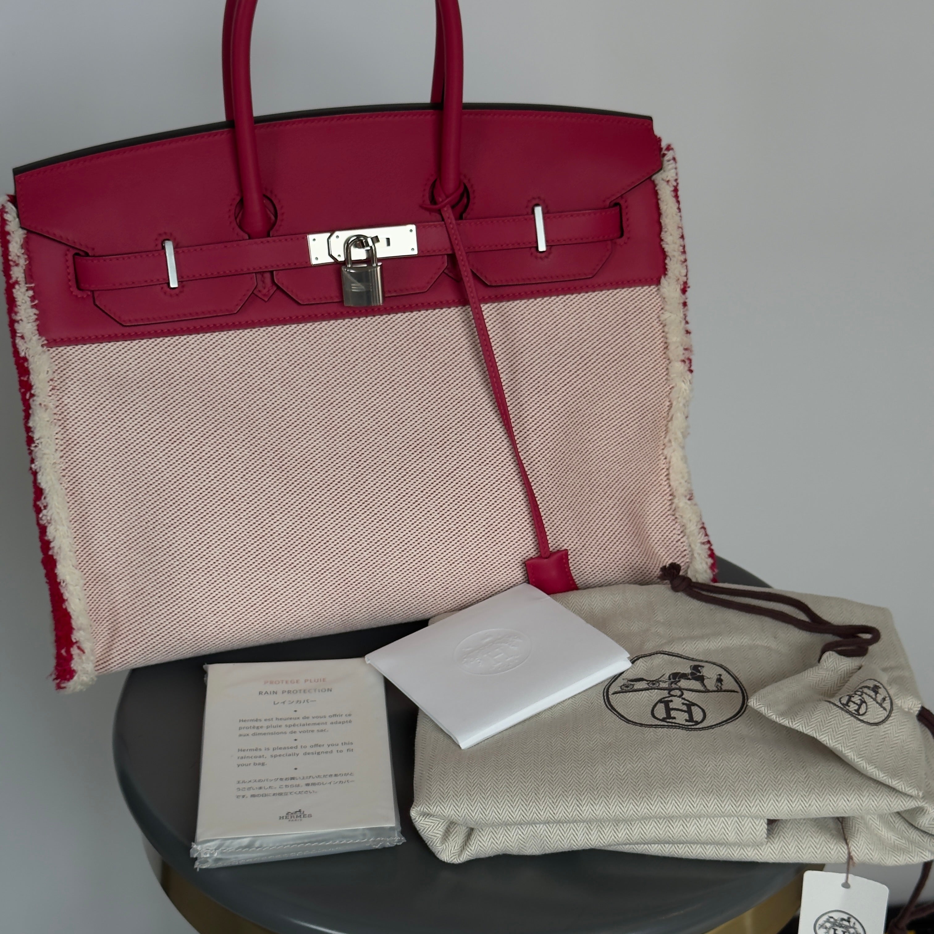 Limited Edition Hermes Framboise Swift and Ecru Toile Fray Fray Birkin 35 PHW Palladium Hardware - Replica Handbags