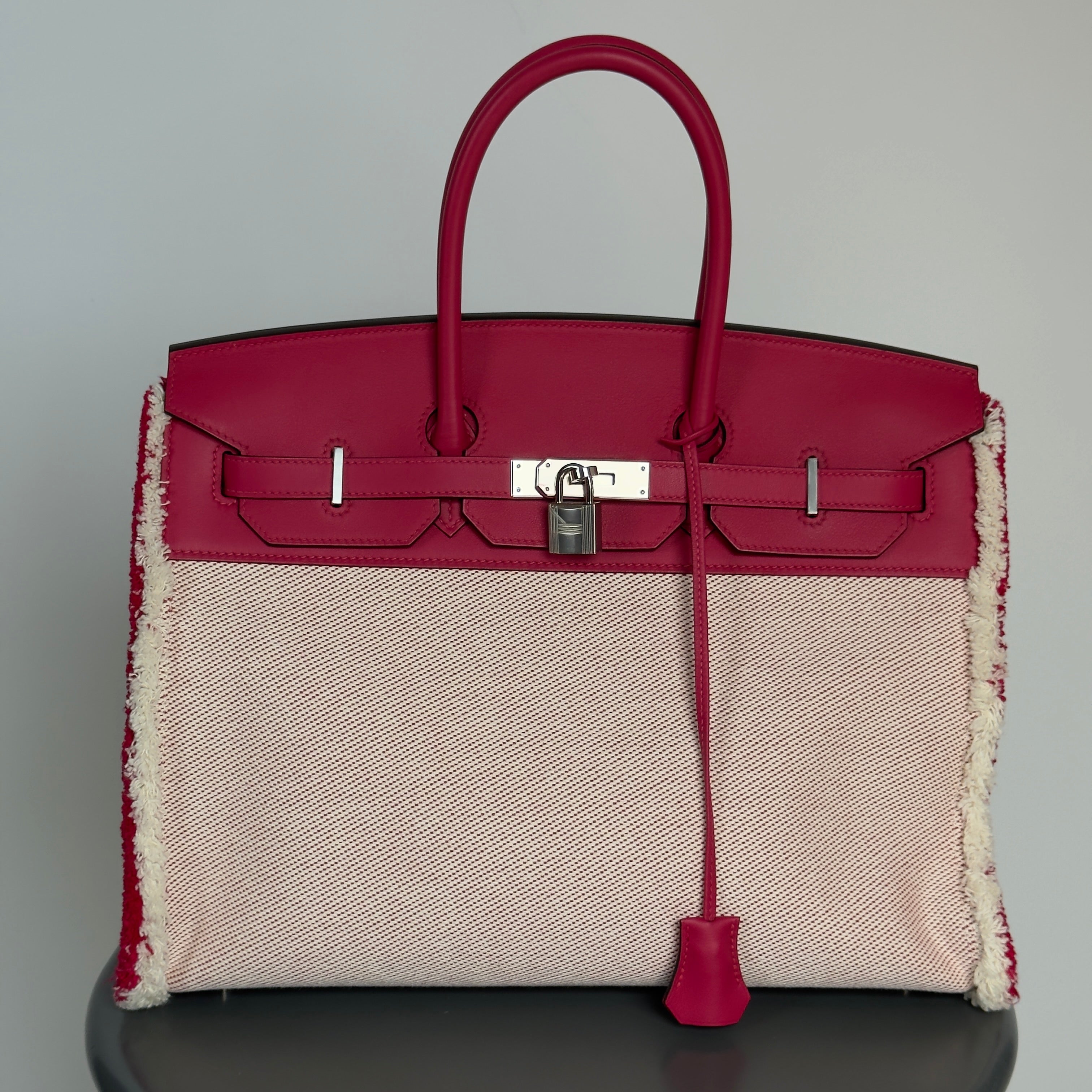 Limited Edition Hermes Framboise Swift and Ecru Toile Fray Fray Birkin 35 PHW Palladium Hardware - Replica Handbags