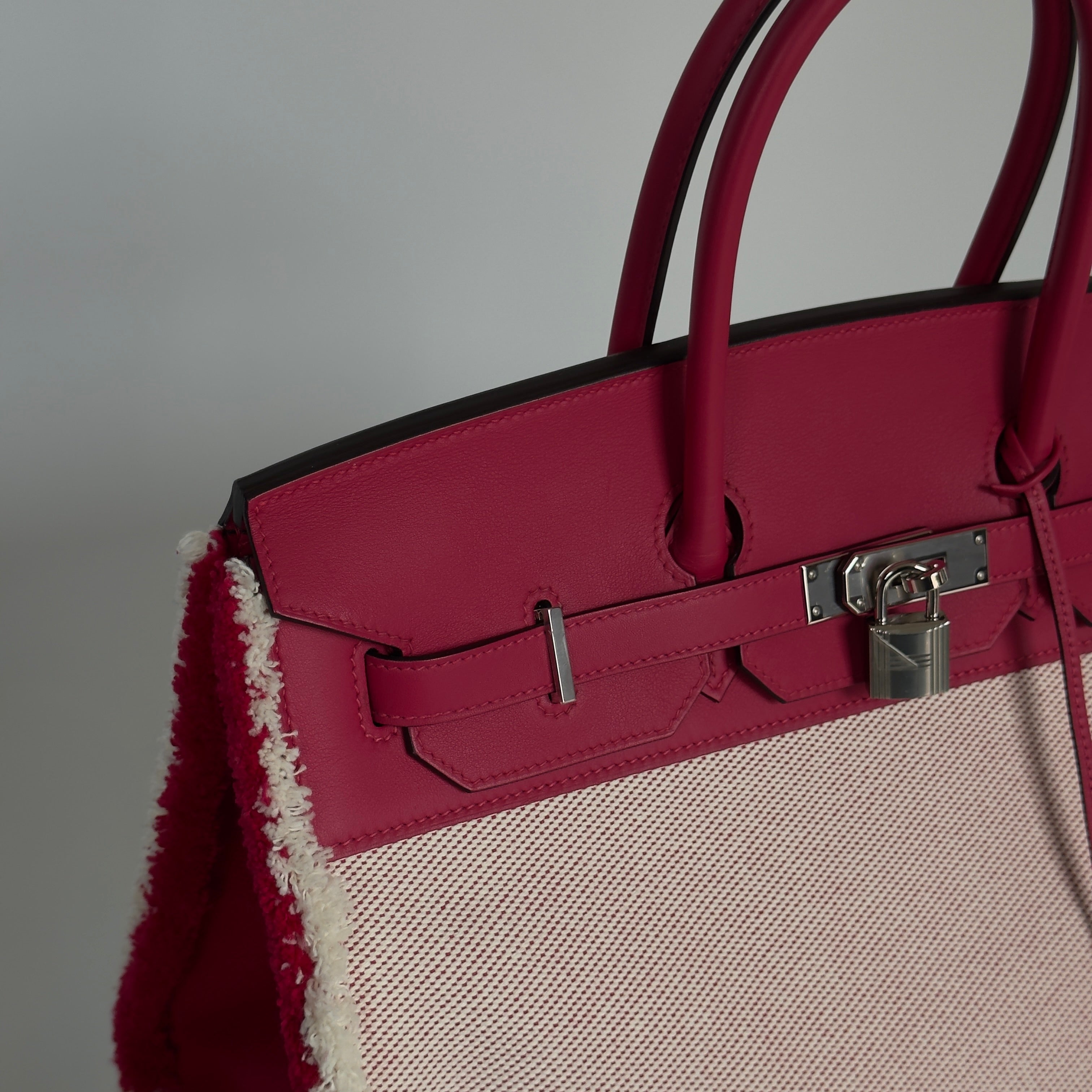 Limited Edition Hermes Framboise Swift and Ecru Toile Fray Fray Birkin 35 PHW Palladium Hardware - Replica Handbags