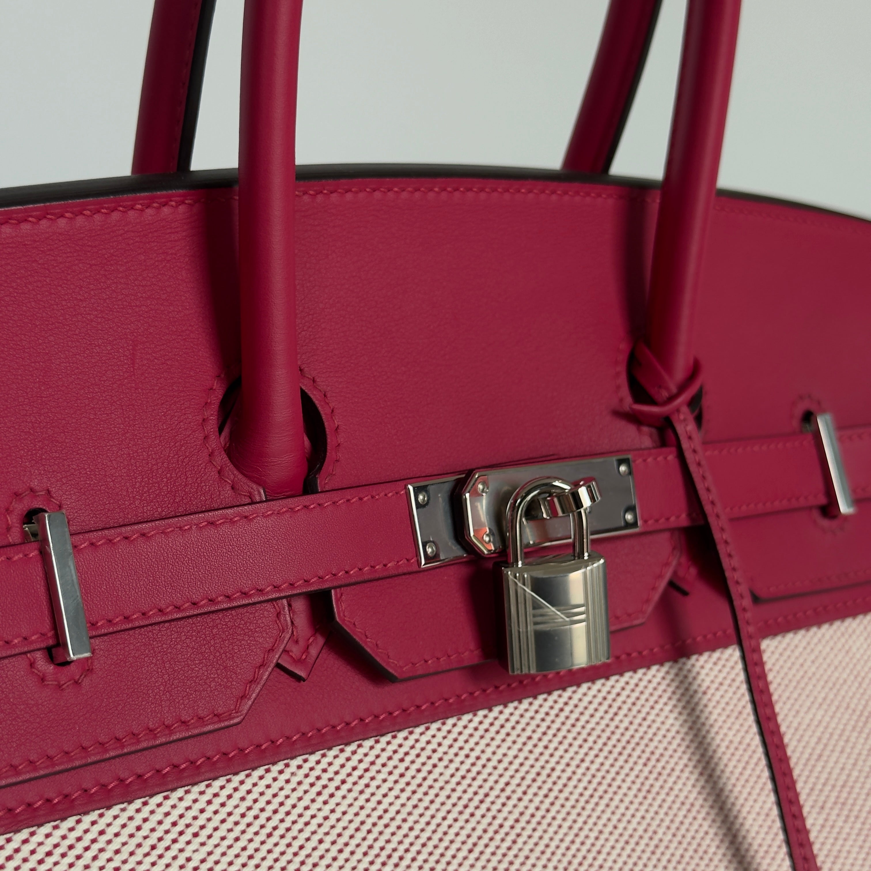 Limited Edition Hermes Framboise Swift and Ecru Toile Fray Fray Birkin 35 PHW Palladium Hardware - Replica Handbags
