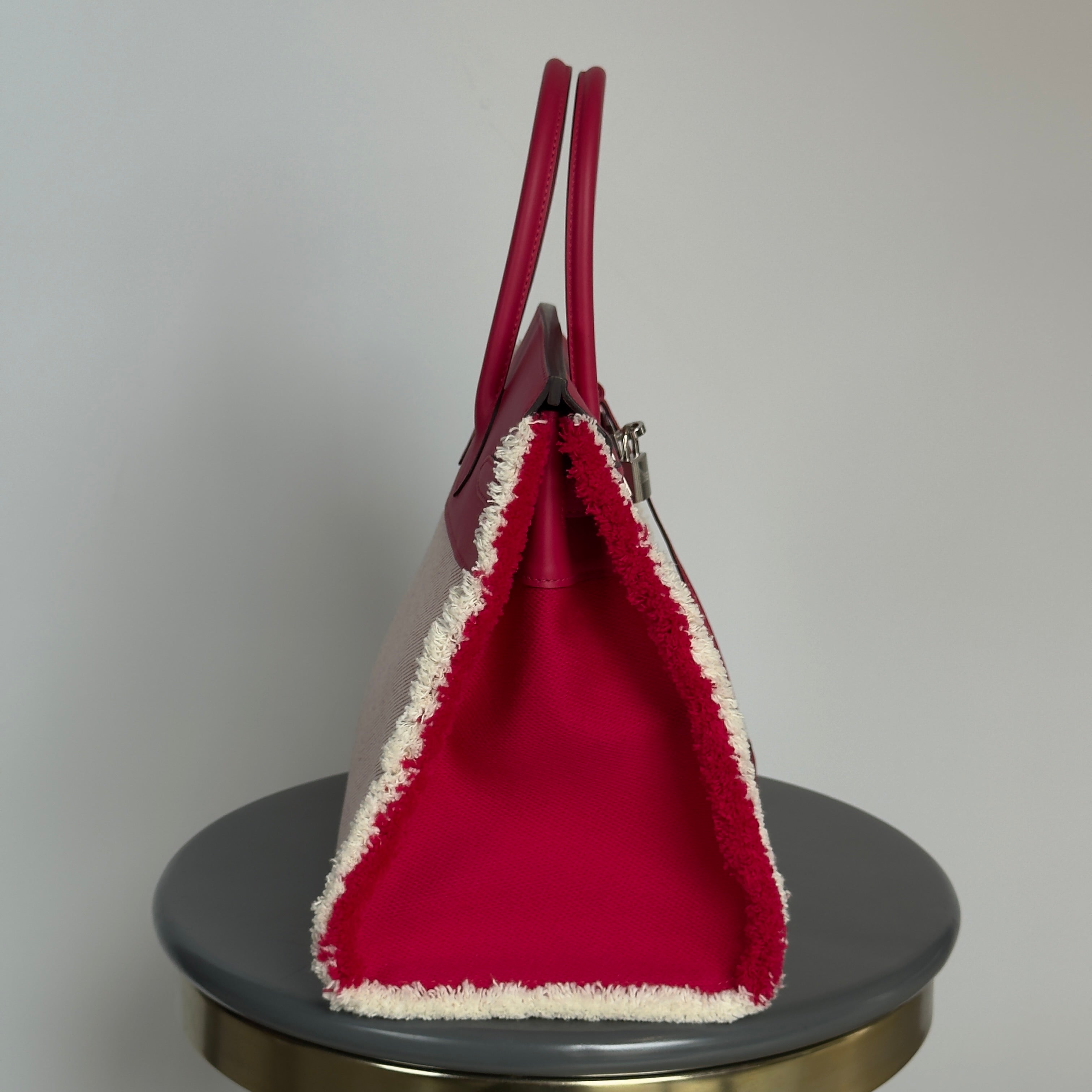 Limited Edition Hermes Framboise Swift and Ecru Toile Fray Fray Birkin 35 PHW Palladium Hardware - Replica Handbags