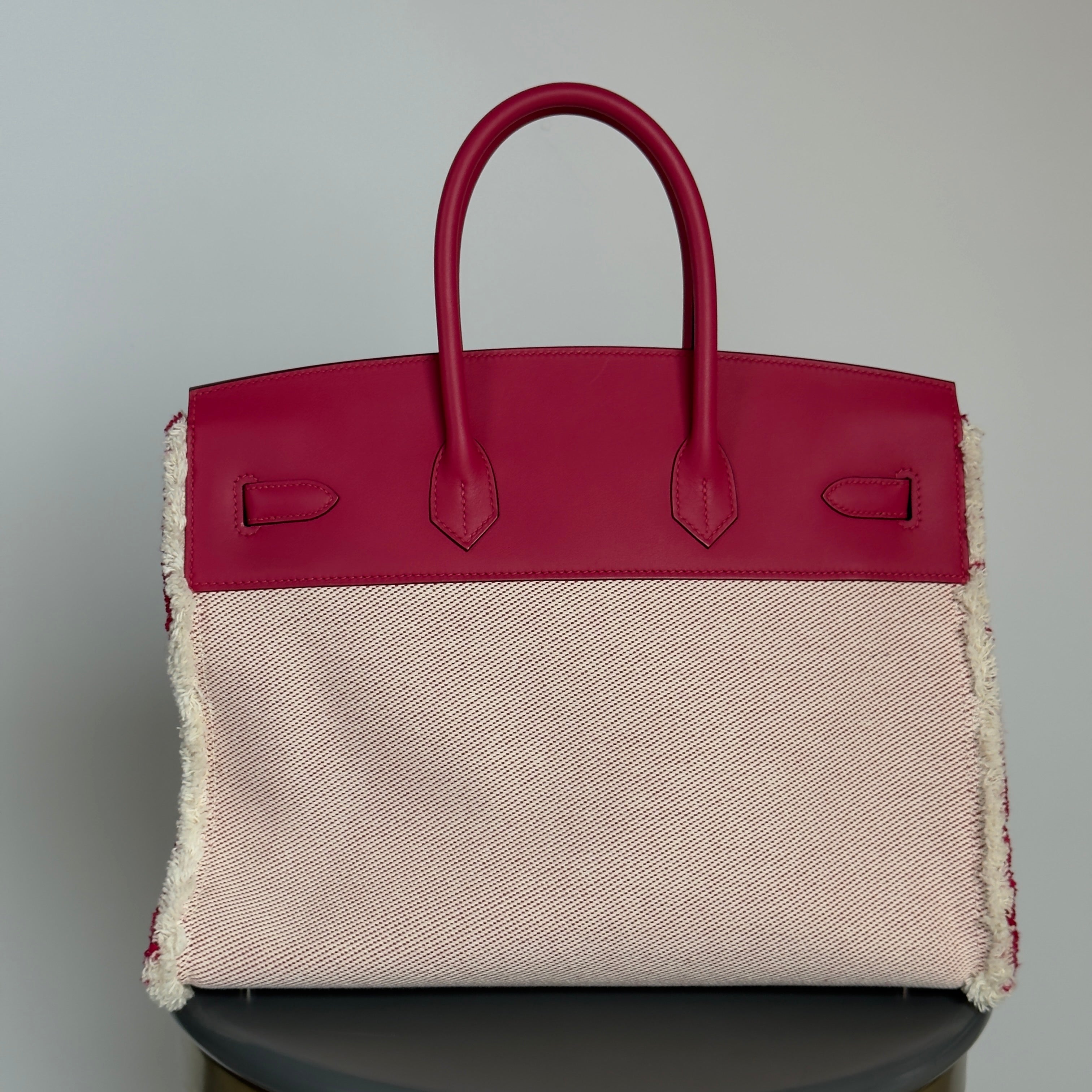 Limited Edition Hermes Framboise Swift and Ecru Toile Fray Fray Birkin 35 PHW Palladium Hardware - Replica Handbags