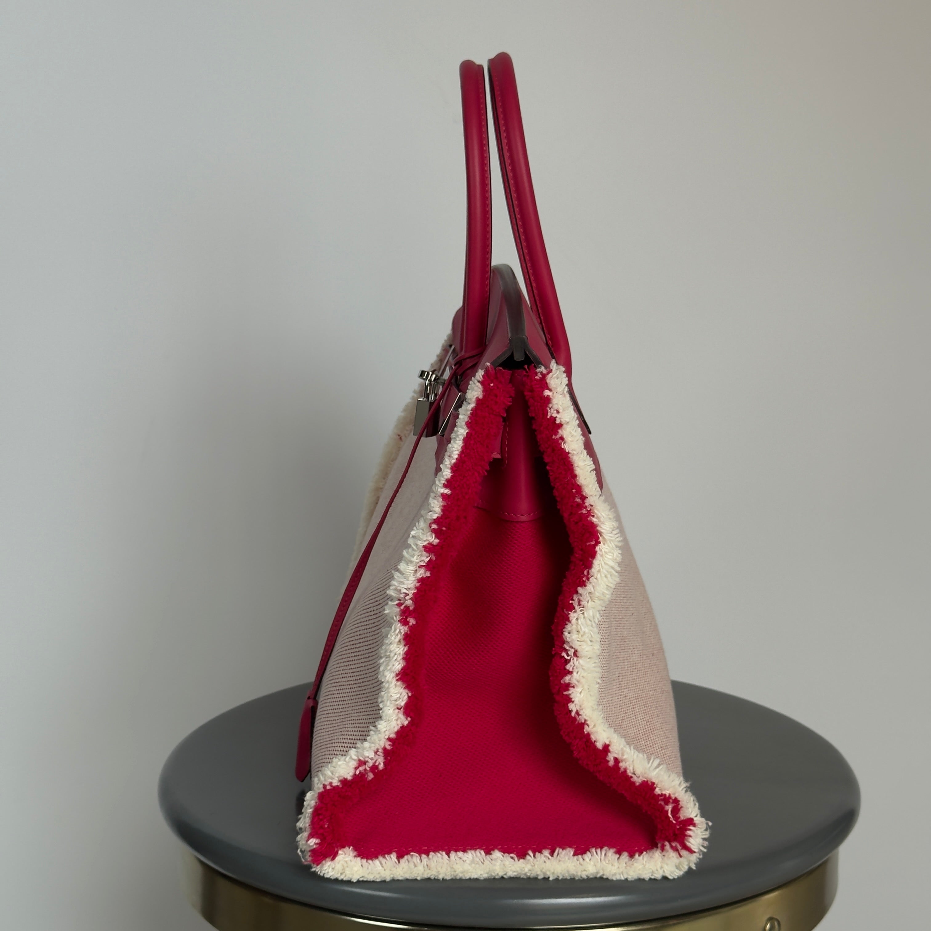 Limited Edition Hermes Framboise Swift and Ecru Toile Fray Fray Birkin 35 PHW Palladium Hardware - Replica Handbags