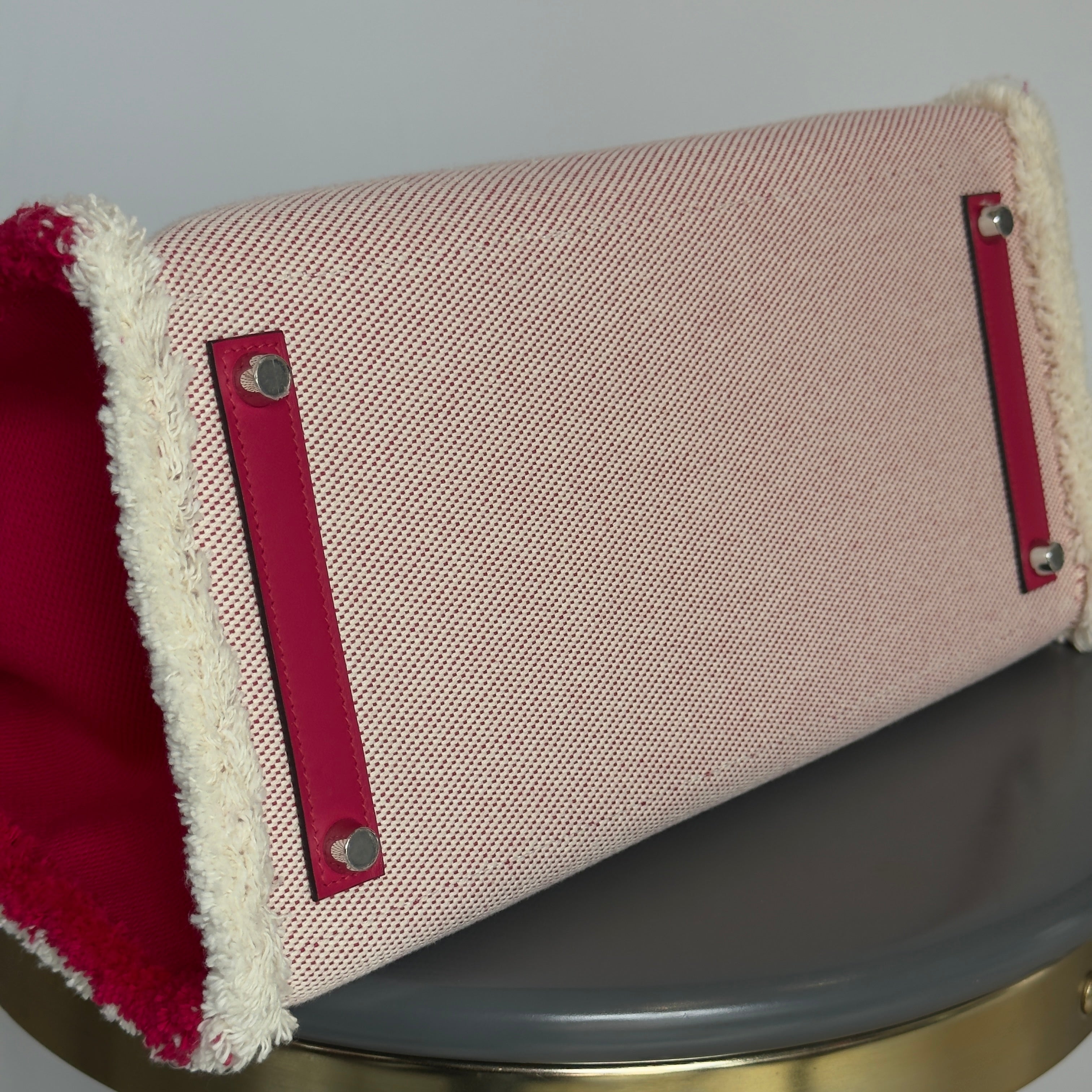 Limited Edition Hermes Framboise Swift and Ecru Toile Fray Fray Birkin 35 PHW Palladium Hardware - Replica Handbags