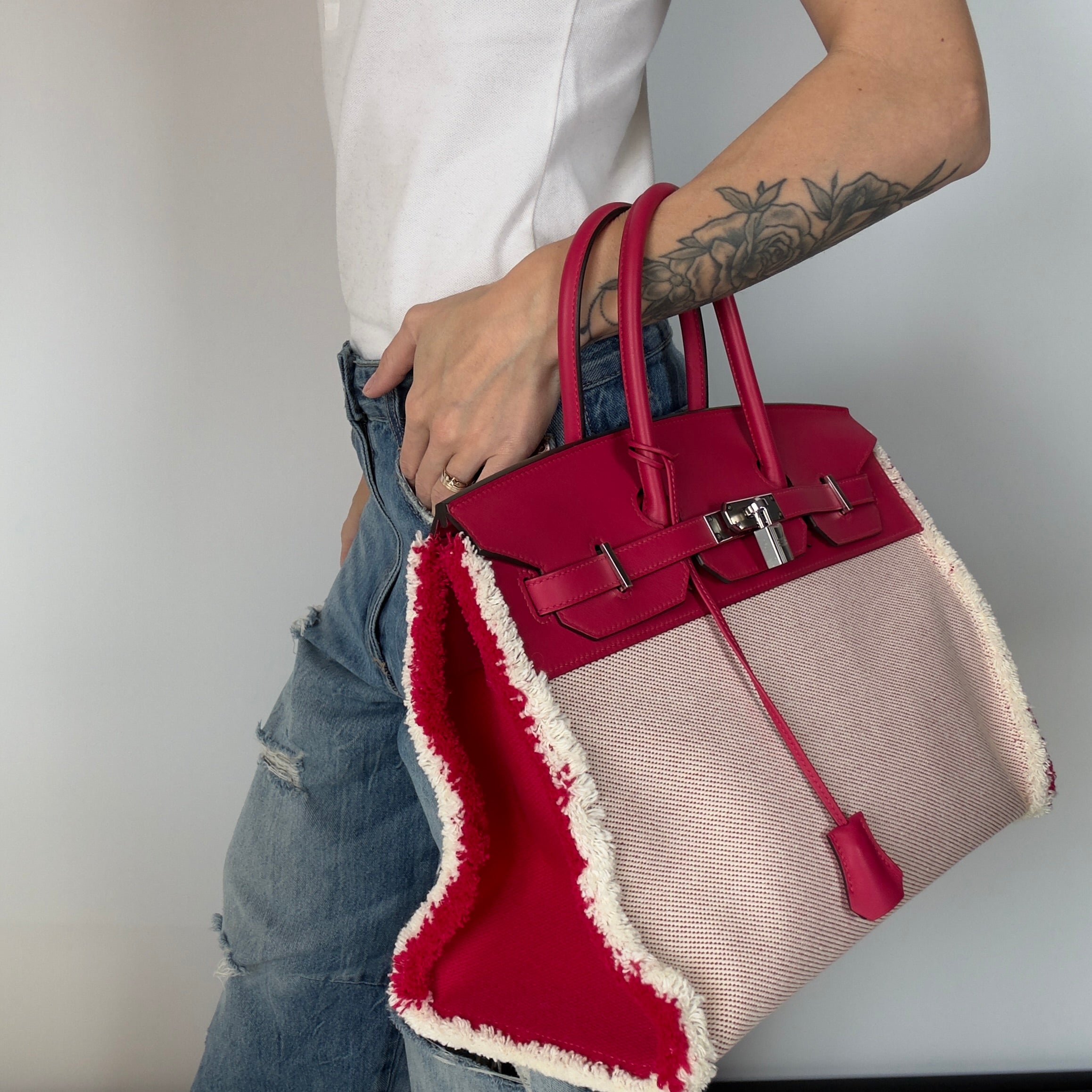 Limited Edition Hermes Framboise Swift and Ecru Toile Fray Fray Birkin 35 PHW Palladium Hardware - Replica Handbags