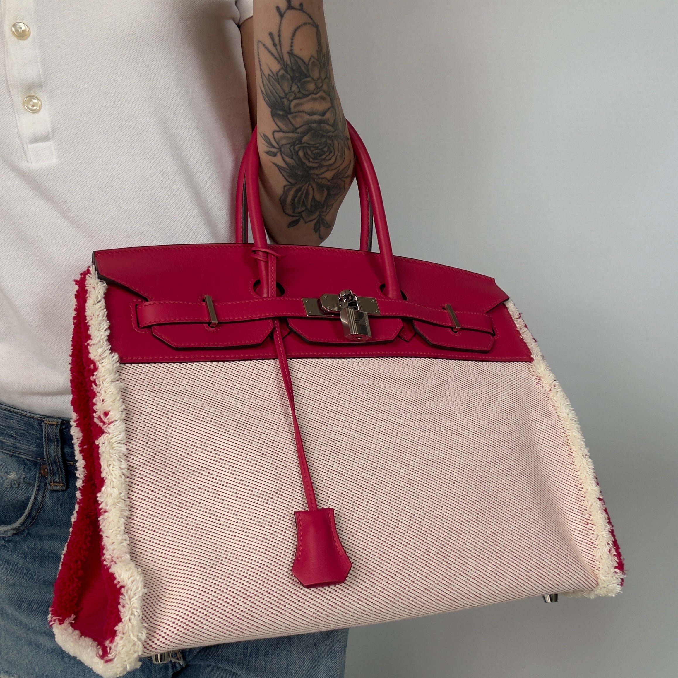 Limited Edition Hermes Framboise Swift and Ecru Toile Fray Fray Birkin 35 PHW Palladium Hardware - Replica Handbags